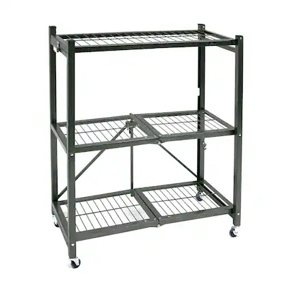 Front. Origami - Origami R3 General Purpose Foldable 3-Tiered Shelf Storage Rack & Wheels, Pewter - Pewter.