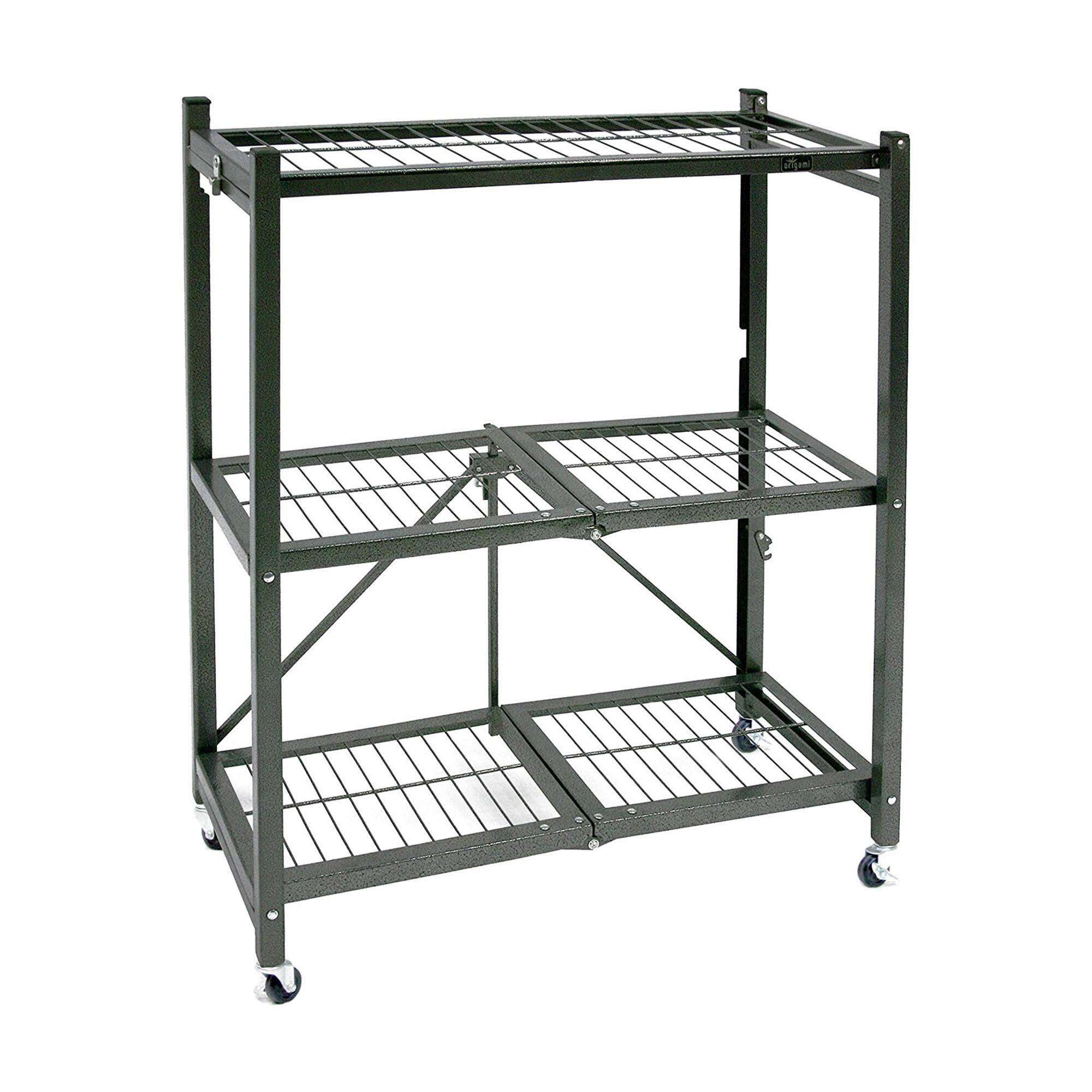 Front. Origami - Origami R3 General Purpose Foldable 3-Tiered Shelf Storage Rack & Wheels, Pewter - Pewter.