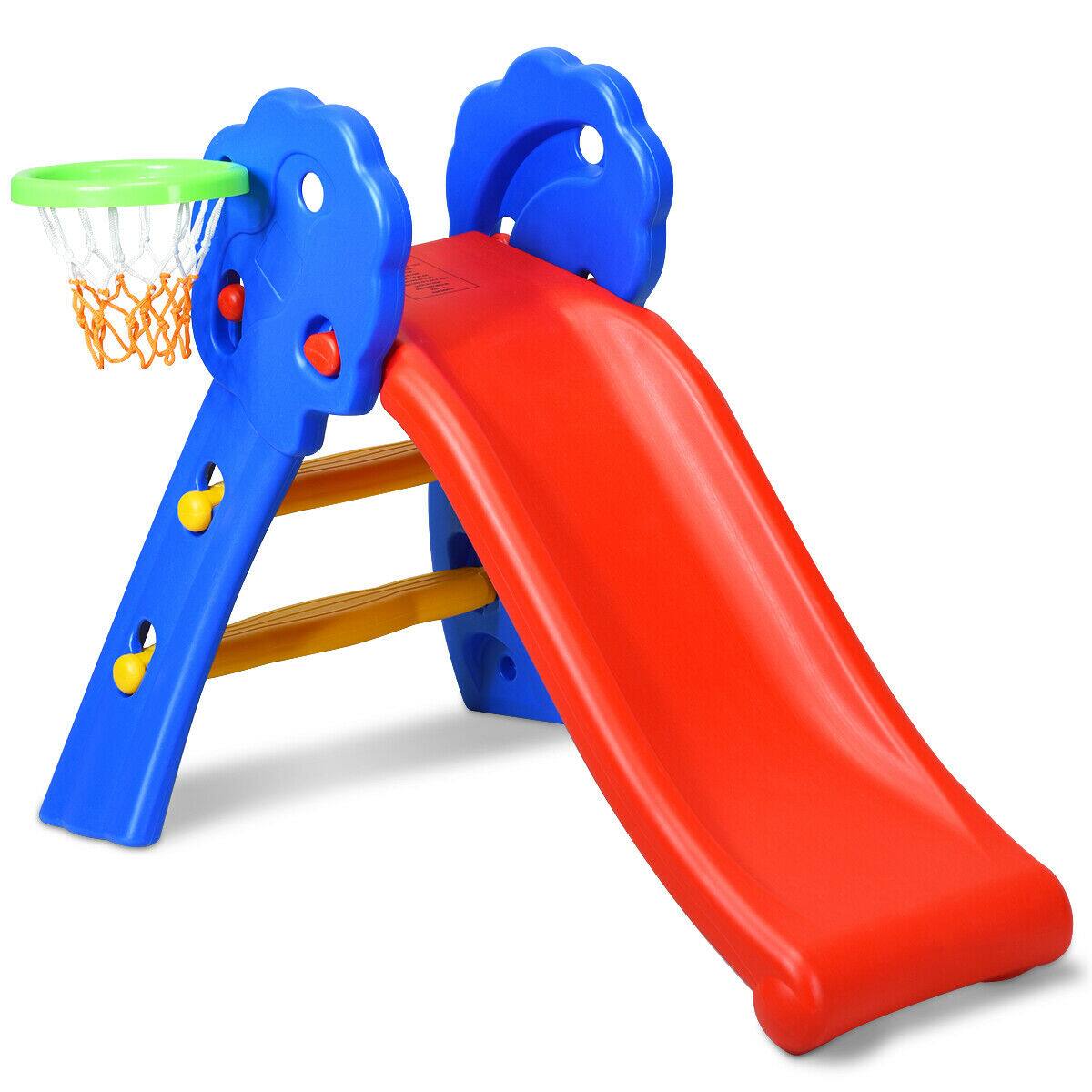 Front. Gymax - Gymax 2 Step Children Folding Slide w/ Basketball Hoop For Kids Indoor & Outdoor - Red, Blue, Yellow.