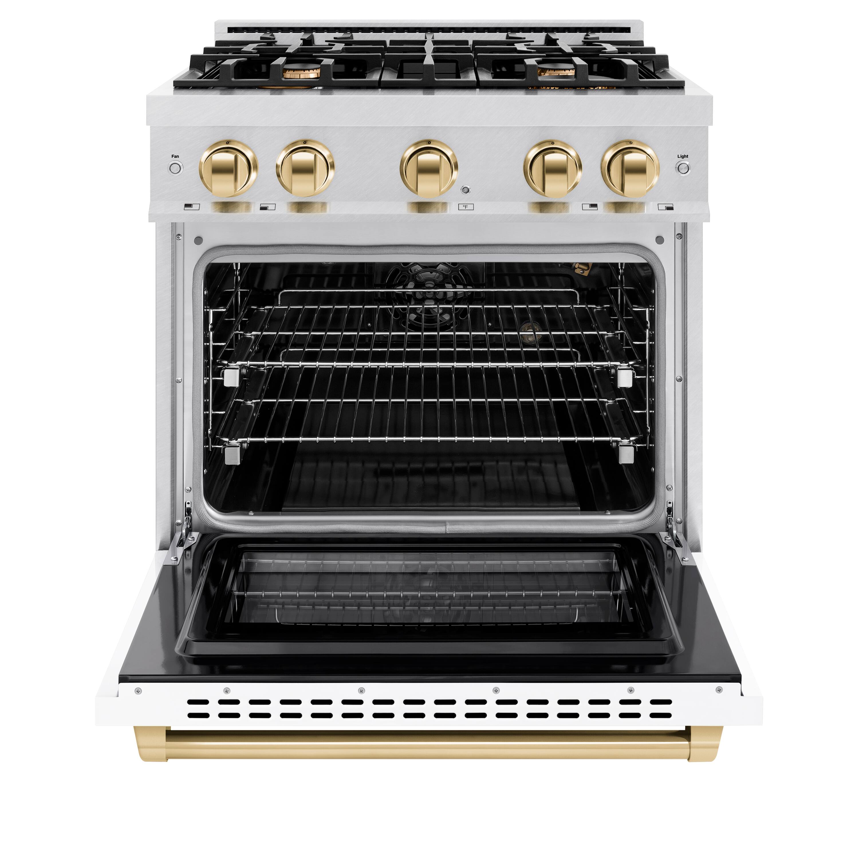 Left. ZLINE - ZLINE Autograph 30 in. 4.2 cu. ft. Freestanding Select Satin Steel Gas Range w/ White Door & Gold Accents - Satin Stainless Steel.