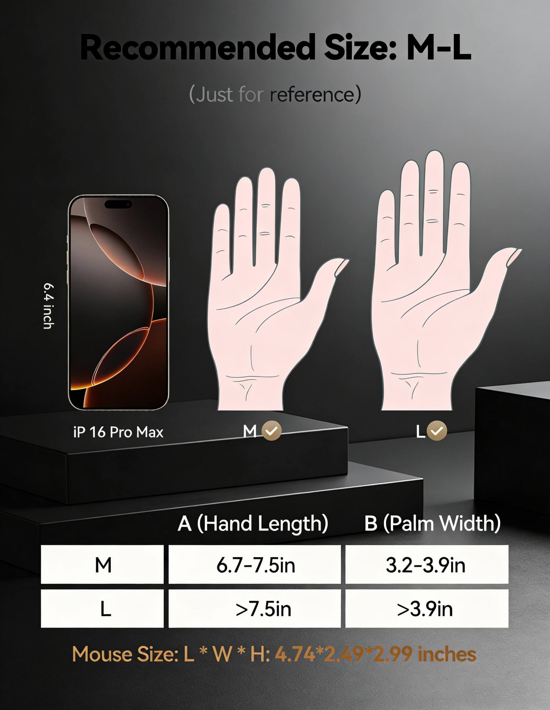 Recommended Size: M-L (Just for reference)

6.4 inch iP 16 Pro Max

A (Hand Length)  
M: 6.7-7.5in  
L: >7.5in

B (Palm Width)  
M: 3.2-3.9in  
L: >3.9in

Mouse Size: L * W * H: 4.74 * 2.49 * 2.99 inches