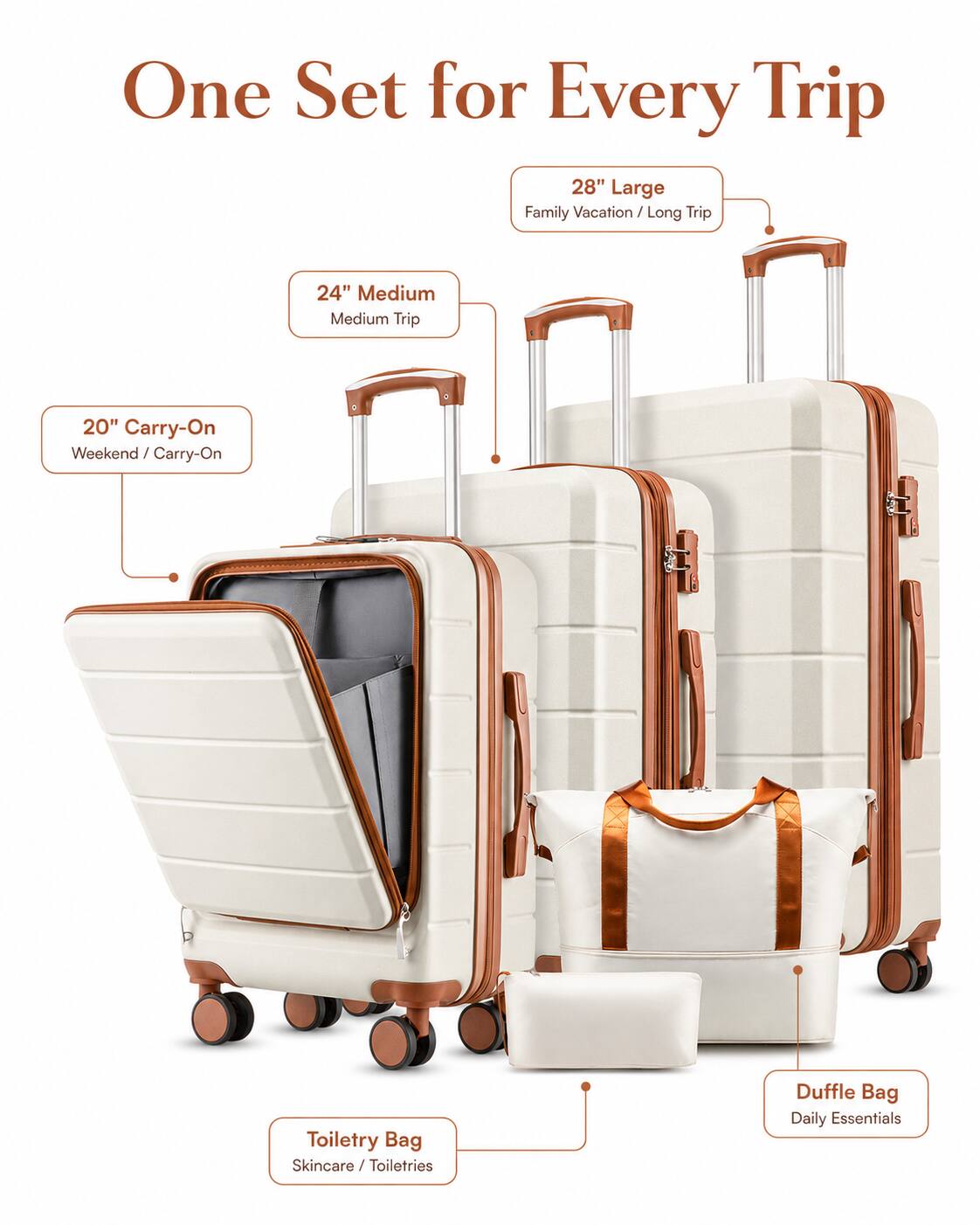 One Set for Every Trip

28" Large
Family Vacation / Long Trip

24" Medium
Medium Trip

20" Carry-On
Weekend / Carry-On

Toiletry Bag
Skincare / Toiletries

Duffle Bag
Daily Essentials