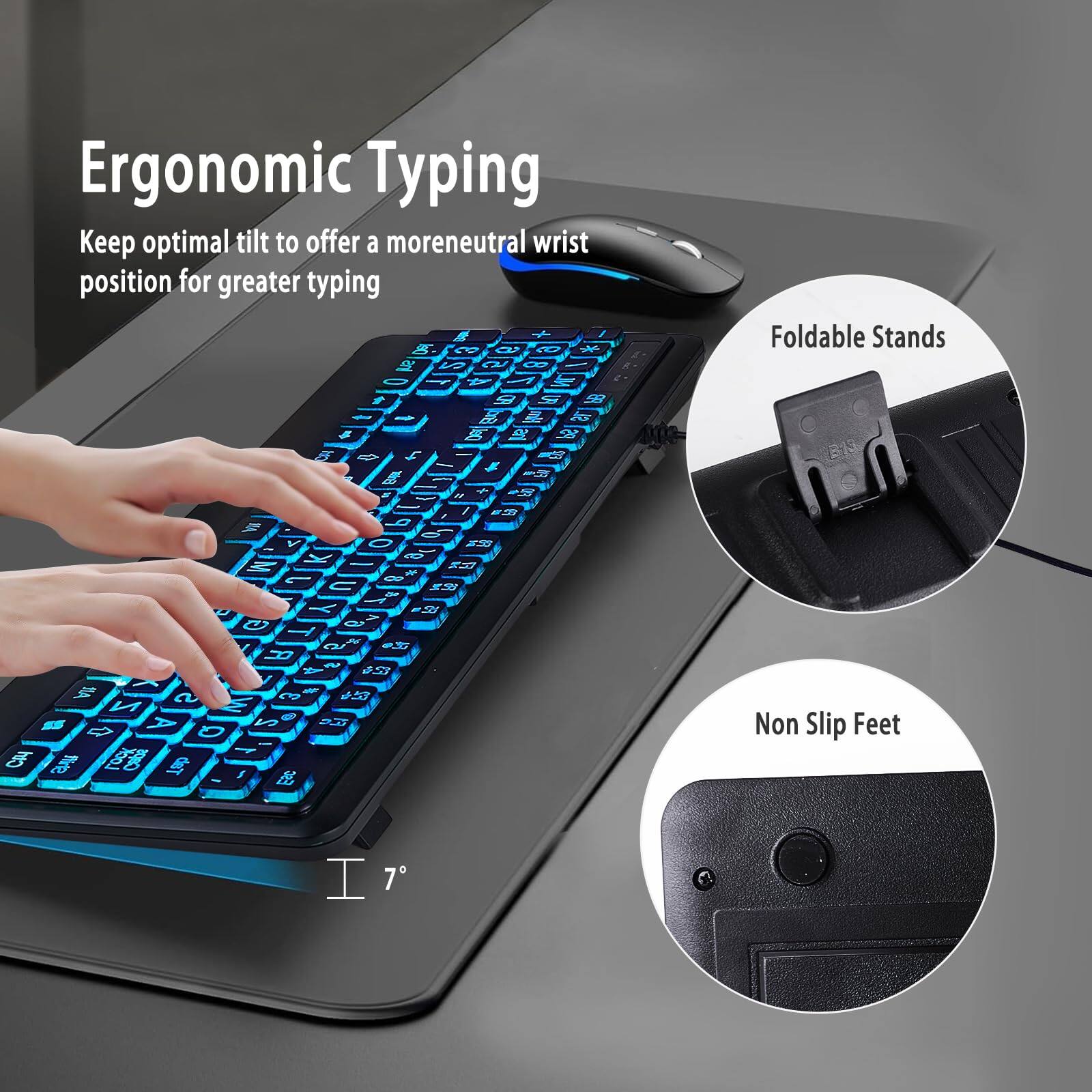 Ergonomic Typing  
Keep optimal tilt to offer a more neutral wrist position for greater typing  

Foldable Stands  

Non Slip Feet