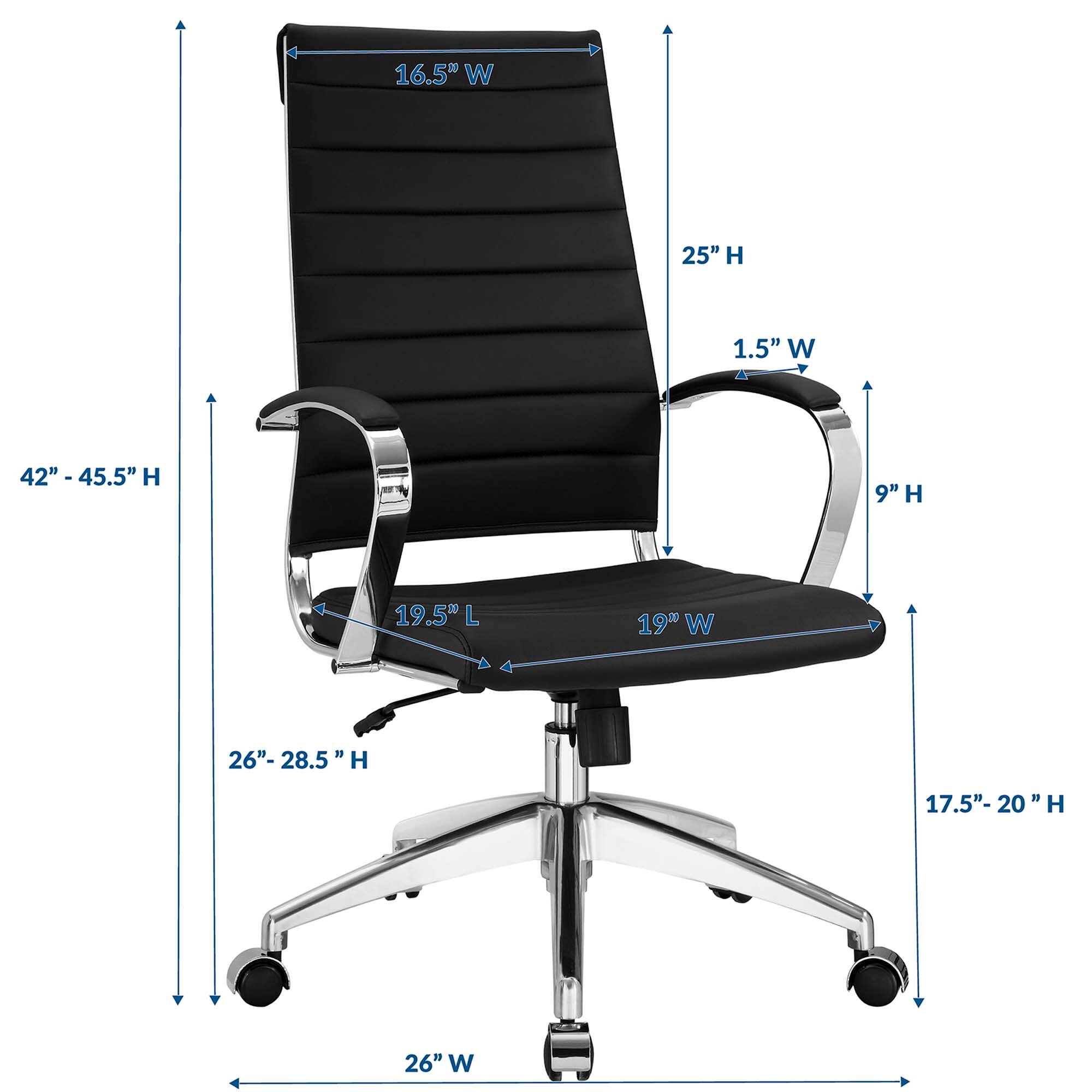 - Width: 16.5"
- Height: 25"
- Armrest Width: 1.5"
- Seat Height: 9"
- Seat Depth: 19.5"
- Seat Width: 19"
- Back Height: 42" - 45.5"
- Armrest Height: 26" - 28.5"
- Overall Height: 17.5" - 20"
- Base Width: 26"