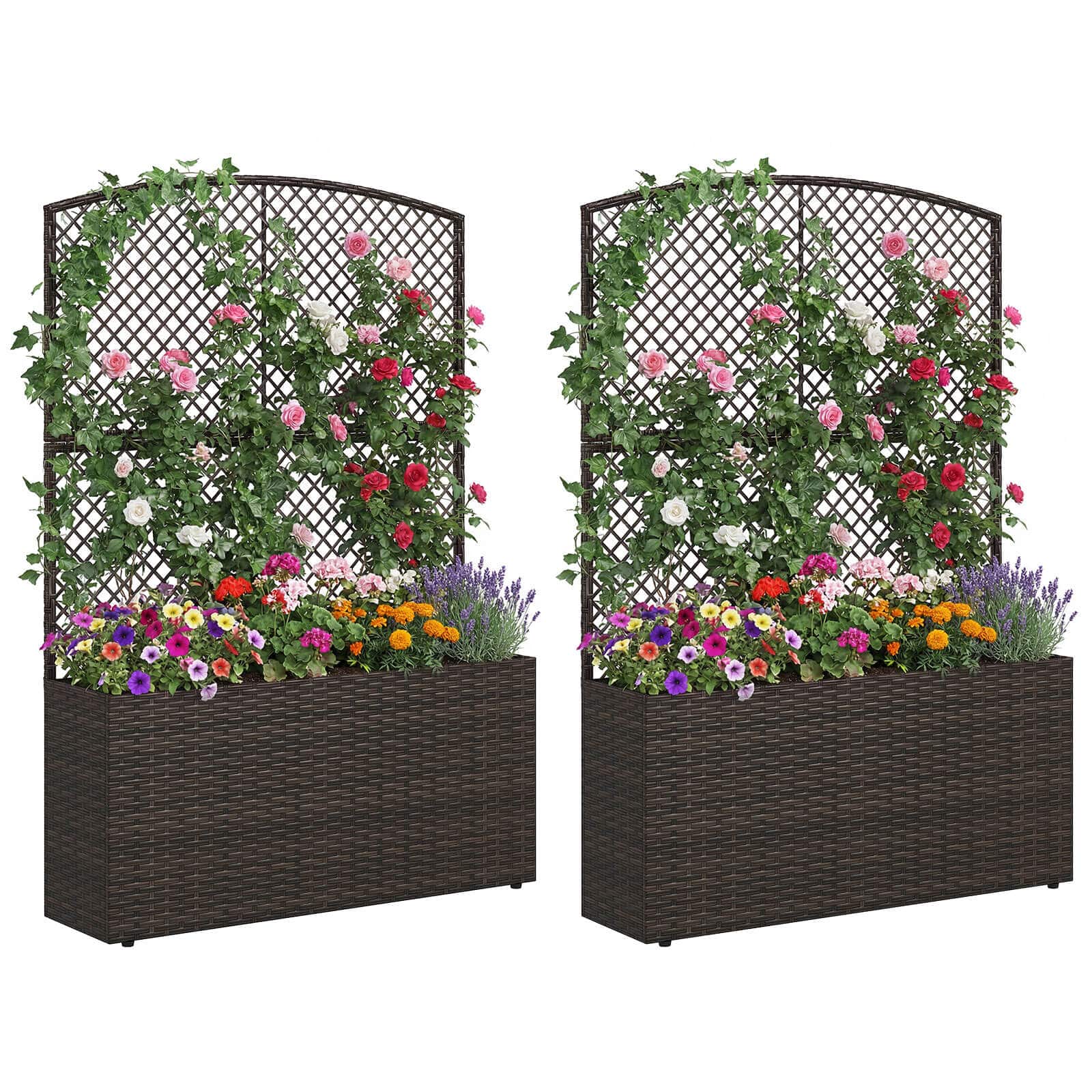 Costway - 2 PCS 58" Raised Garden Bed with Trellis, Wicker Planter Box with Privacy Screen - Brown