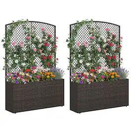 Costway - 2 PCS 58" Raised Garden Bed with Trellis, Wicker Planter Box with Privacy Screen - Brown