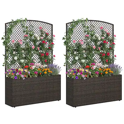 Front. Costway - Costway 2 PCS 58" Raised Garden Bed with Trellis, Wicker Planter Box with Privacy Screen - Brown.