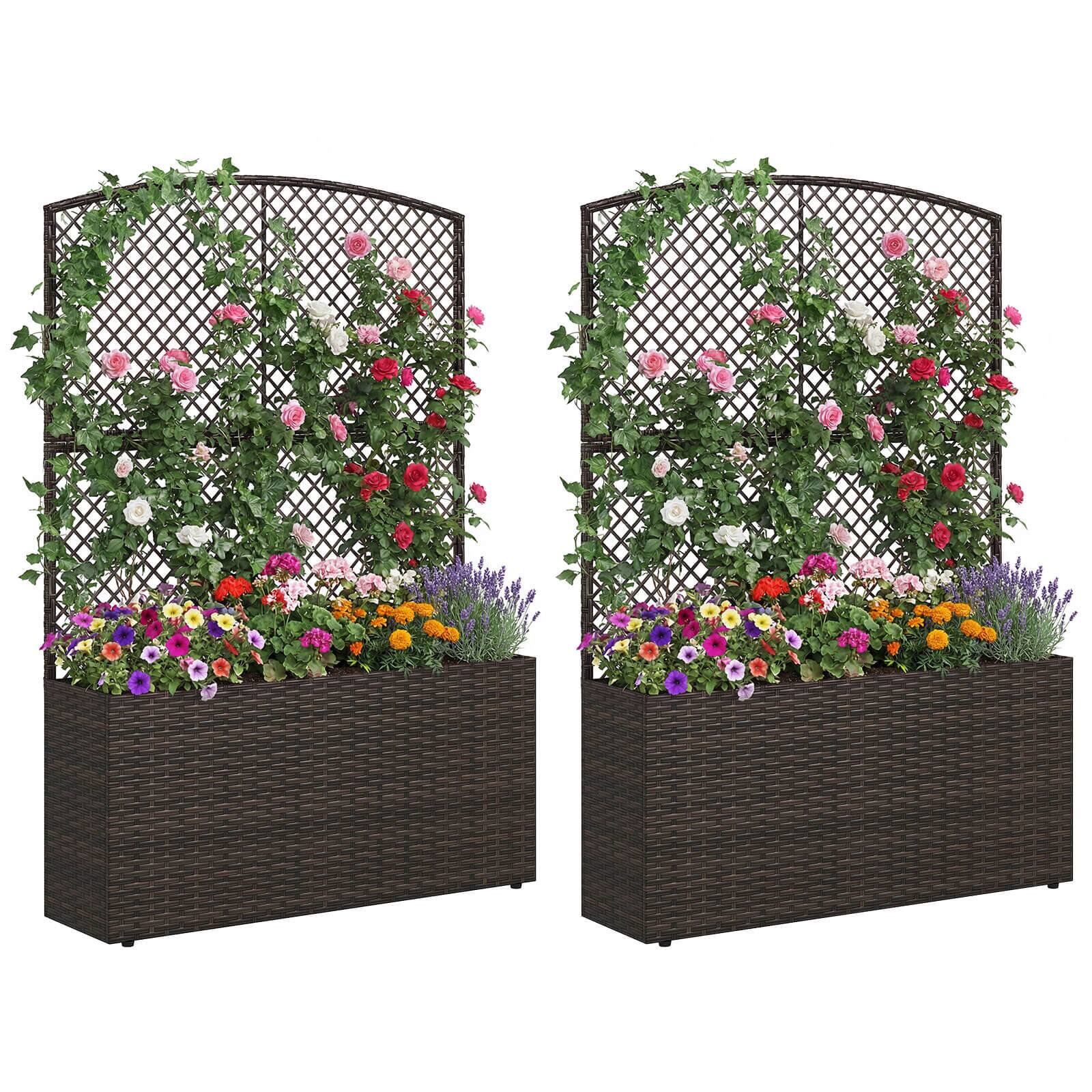 Front. Costway - Costway 2 PCS 58" Raised Garden Bed with Trellis, Wicker Planter Box with Privacy Screen - Brown.