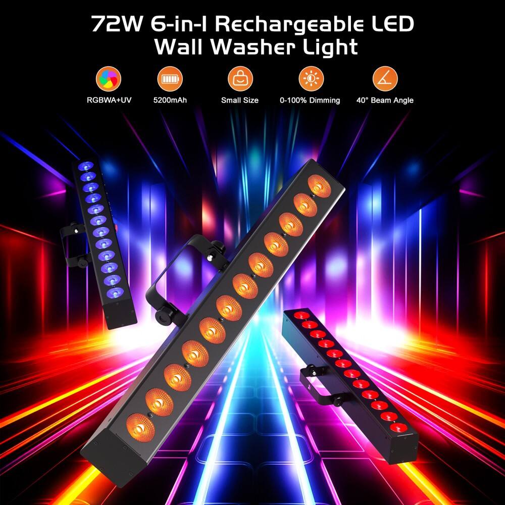 72W 6-in-1 Rechargeable LED Wall Washer Light

- RGBWA+UV
- 5200mAh
- Small Size
- 0-100% Dimming
- 40° Beam Angle
