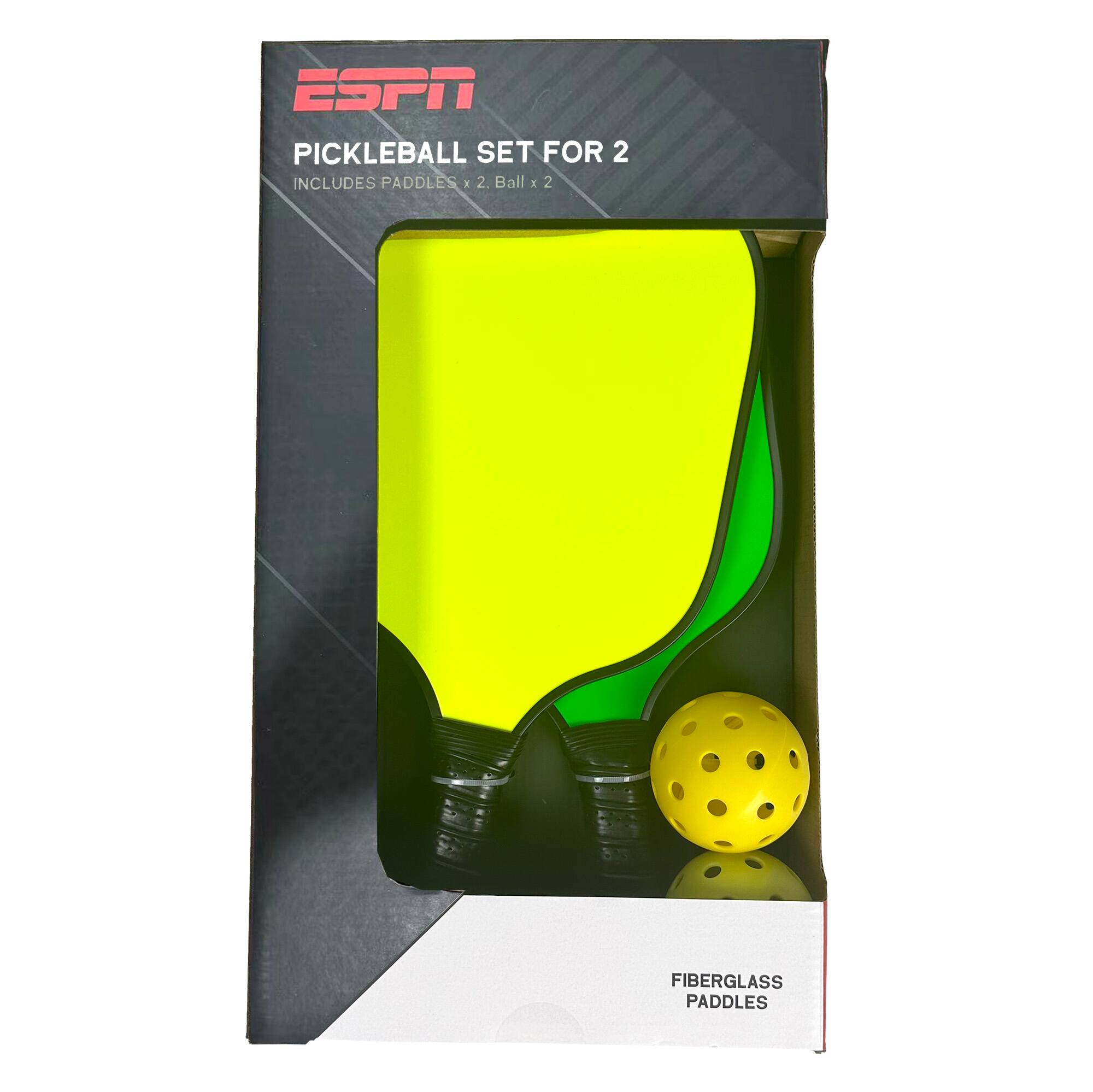 ESPN PICKLEBALL SET FOR 2  
INCLUDES PADDLES x 2, Ball x 2  
FIBERGLASS PADDLES