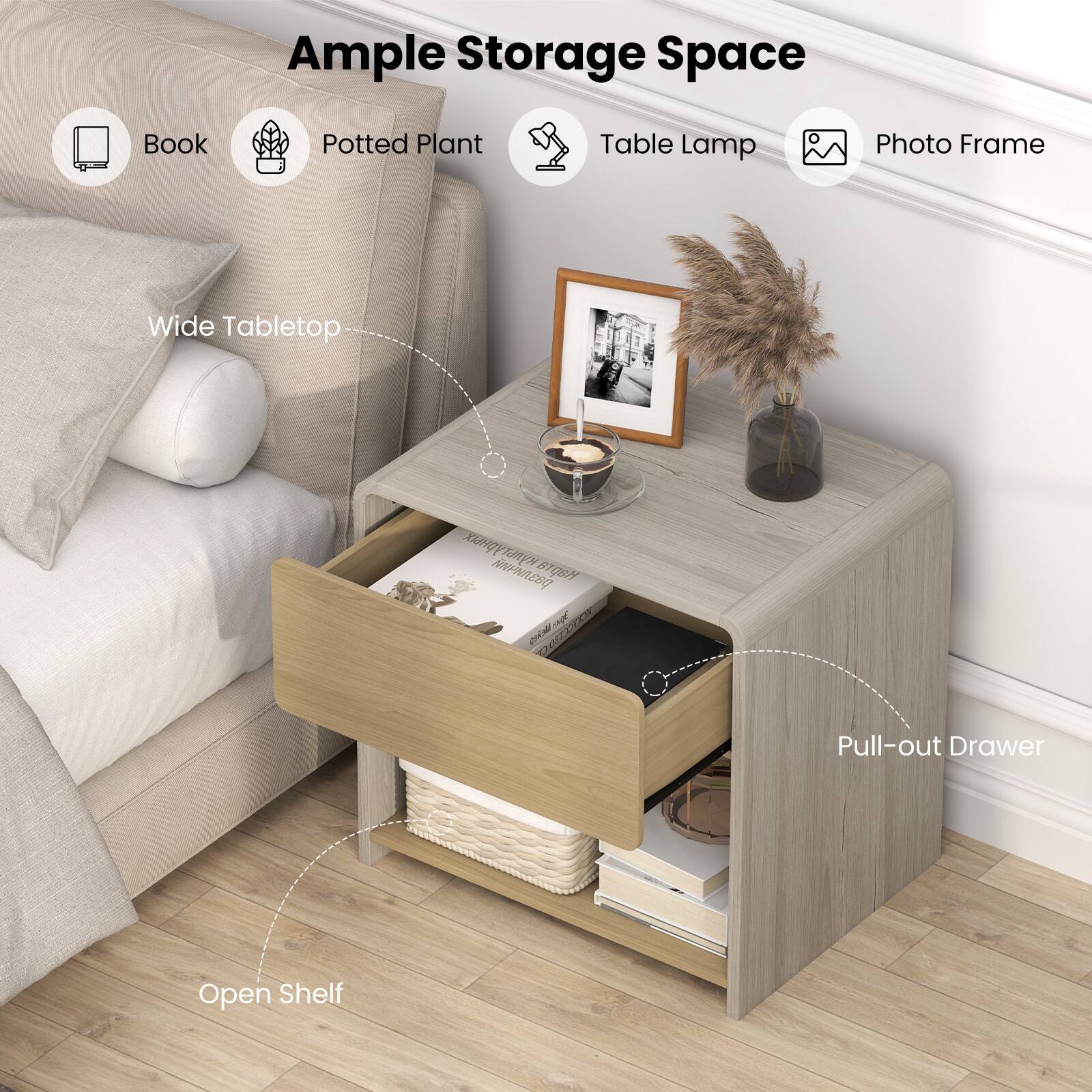 Ample Storage Space: Book, Potted Plant, Table Lamp, Photo Frame, Wide Tabletop, AR C CECN Pull-out Drawer, Open Shelf.