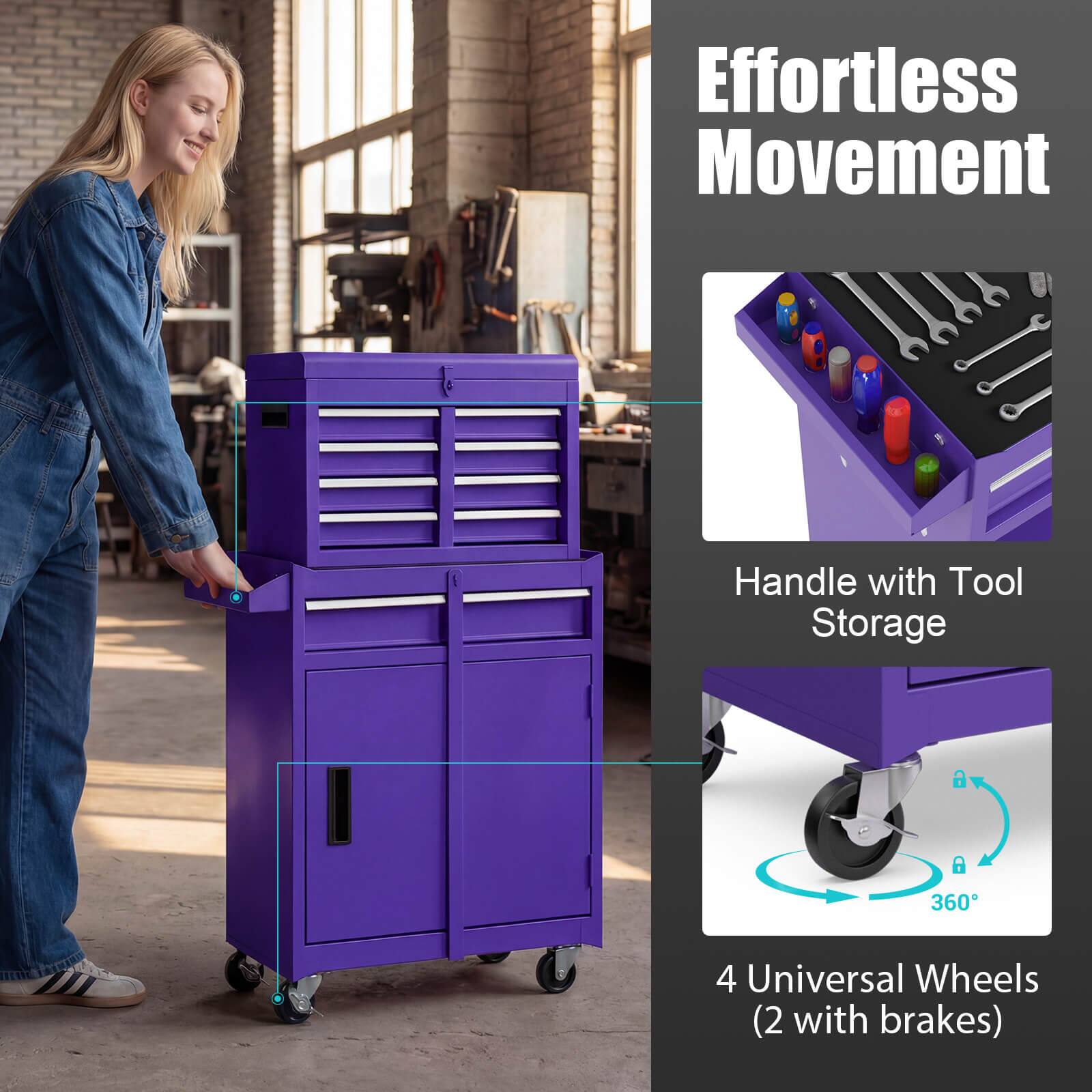 Effortless Movement  
Handle with Tool Storage  
4 Universal Wheels (2 with brakes)
