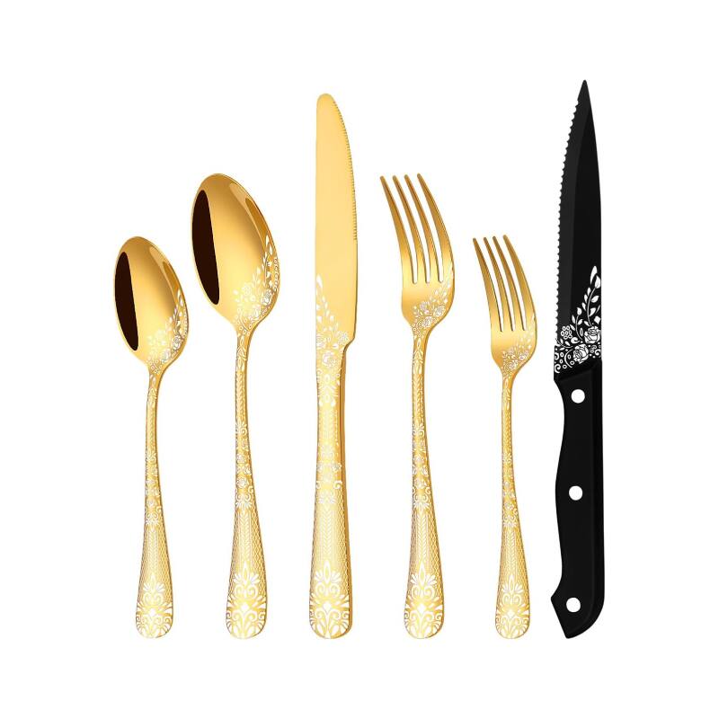 Front. Furno Fusion - Floral Laser Engraving Design Flatware Set - Gold.