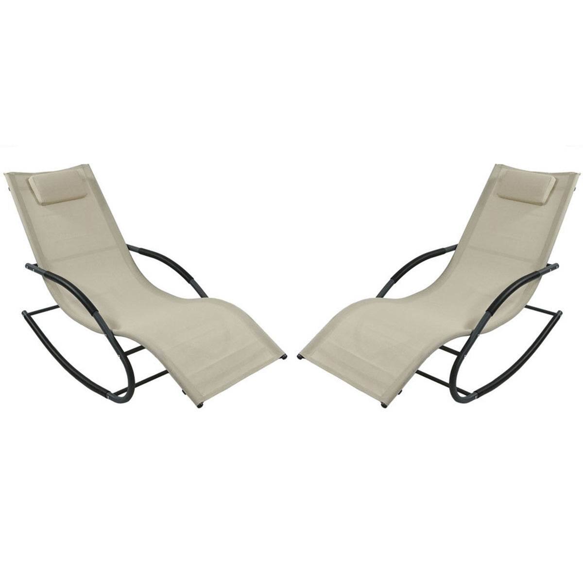Front. Hivvago - Set of 2 Beige Rocking Chaise Lounger Patio Lounge Chair with Pillow - Beige.