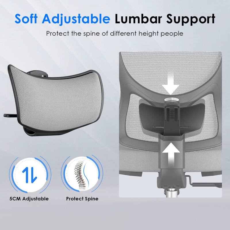 Soft Adjustable Lumbar Support  
Protect the spine of different height people  

1  
5CM Adjustable  
Protect Spine