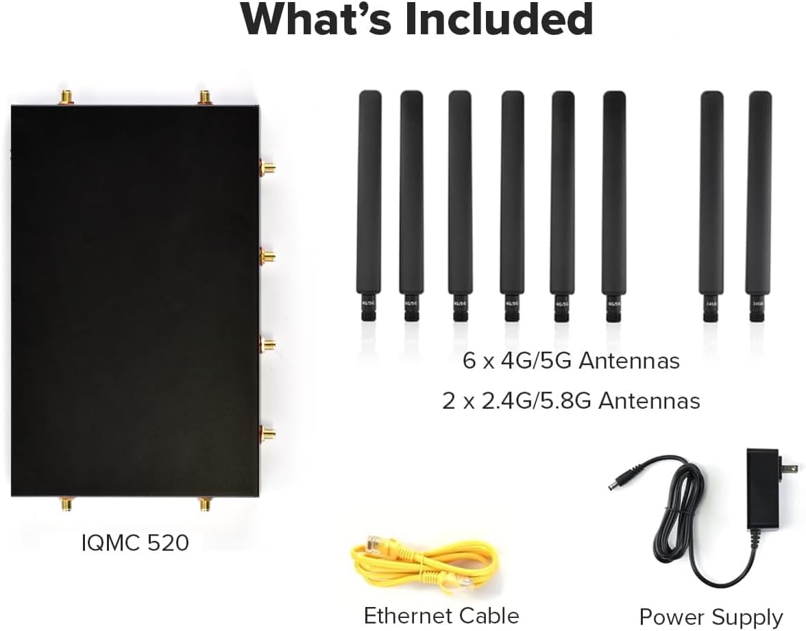 What's Included

- IQMC 520
- 6 x 4G/5G Antennas
- 2 x 2.4G/5.8G Antennas
- Ethernet Cable
- Power Supply