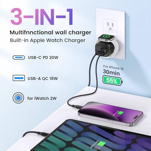3-IN-1 Multifunctional wall charger Built-in Apple Watch Charger USB-C PD 20W USB-A QC 18W For iPhone 15 30min 55% for iWatch 2W