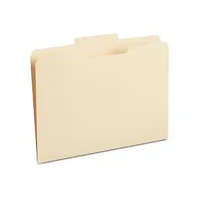Front. Staples - 30% Recycled File Folders, 1/3-Cut Tab, Center Position, Letter Size, 100/Box - Manila.
