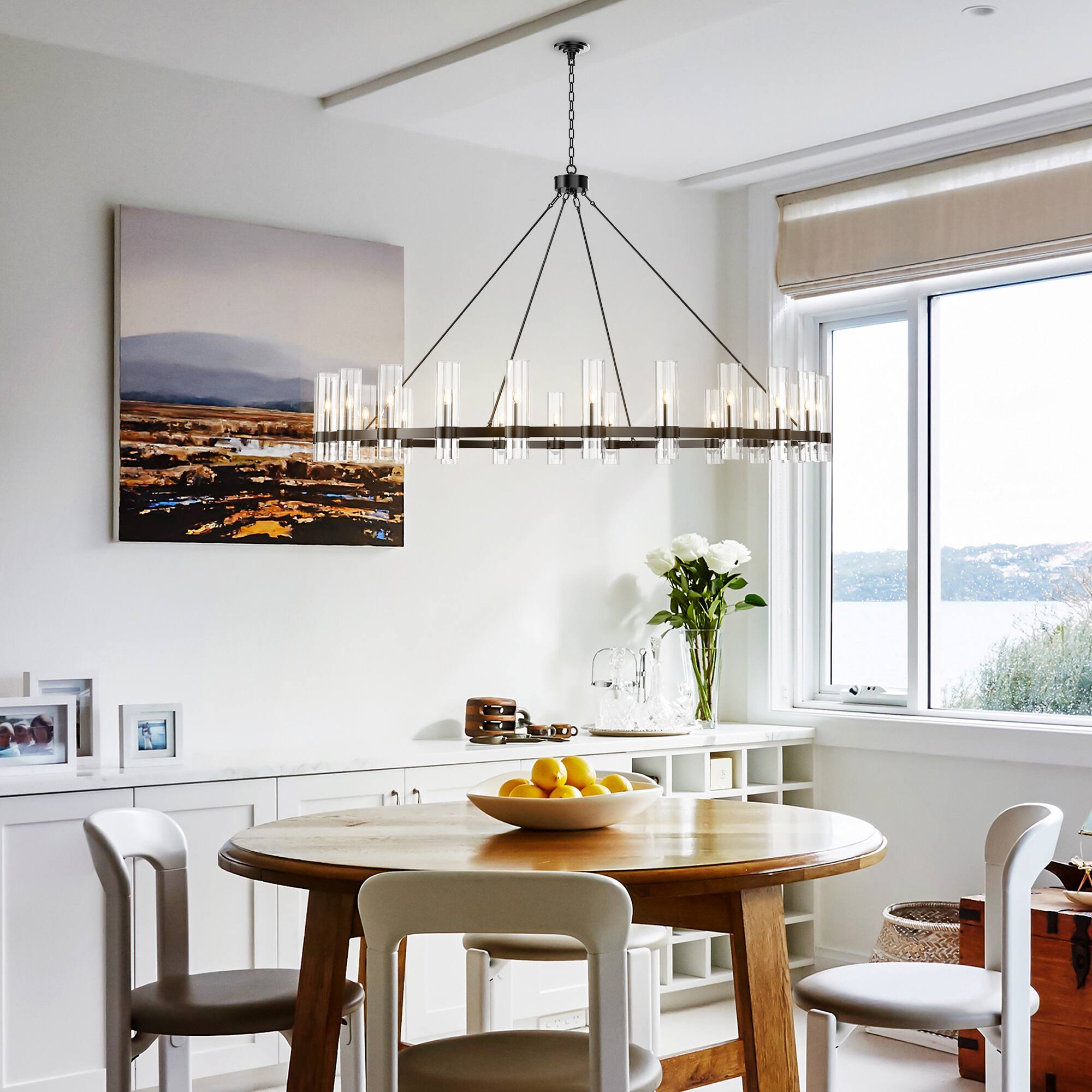 Angle. RYHNUYNE - 59 Inch 24-Light Wagon Wheel Chandelier Large Adjustable Farmhouse Pendant Light with Glass Shades.