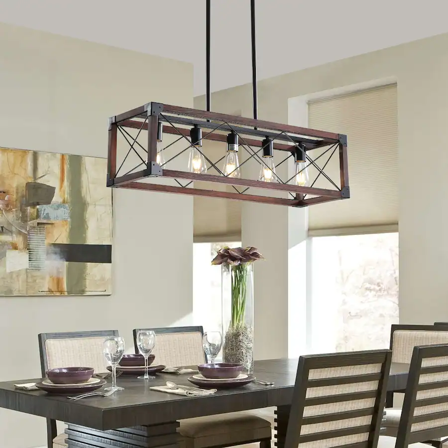 Rectangular Shade Top View Loheer 32 Inch 5 Light Farmhouse Chandelier, Red Wood Rectangular ...