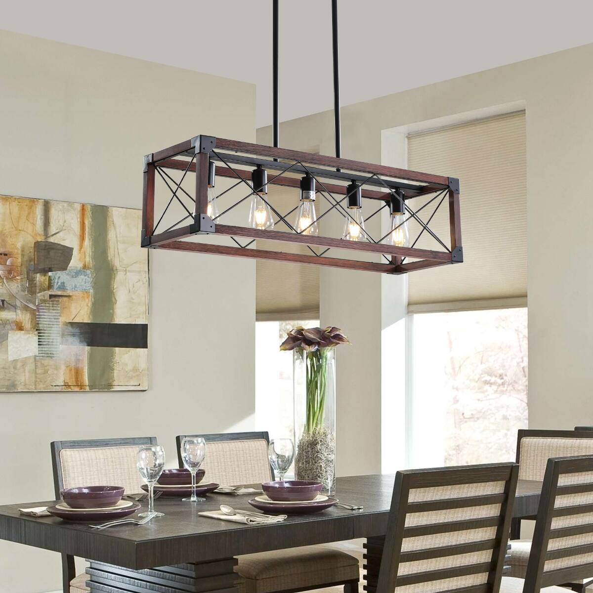 Loheer 32 Inch 5 Light Farmhouse Chandelier, Red Wood Rectangular ...