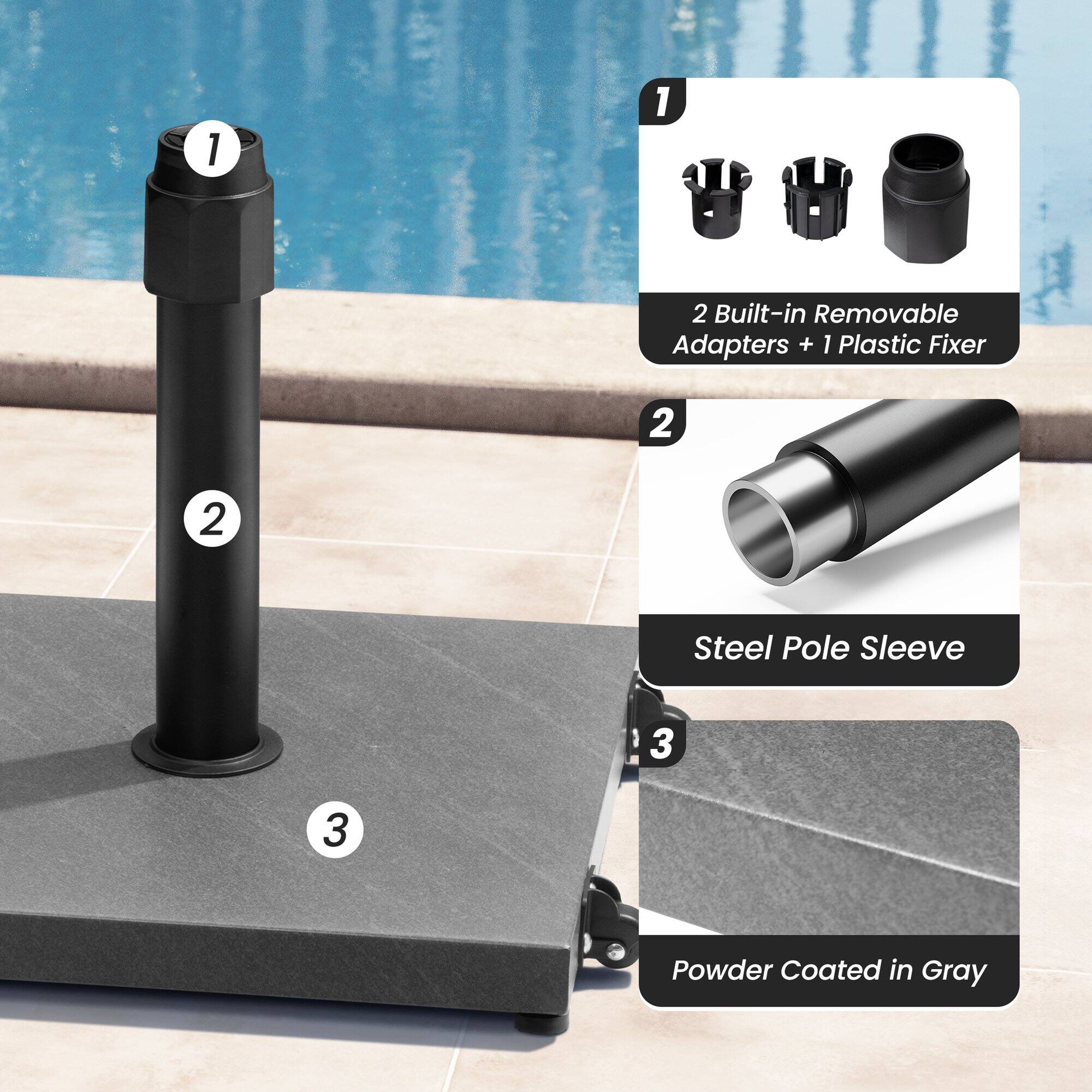1. 2 Built-in Removable Adapters + 1 Plastic Fixer  
2. Steel Pole Sleeve  
3. Powder Coated in Gray