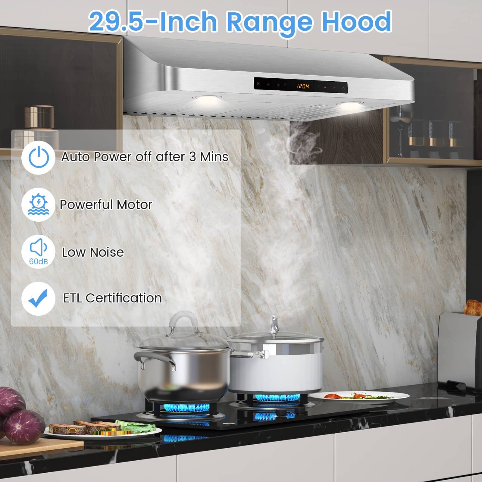 29.5-Inch Range Hood

- Auto Power off after 3 Mins
- Powerful Motor
- Low Noise (60dB)
- ETL Certification
