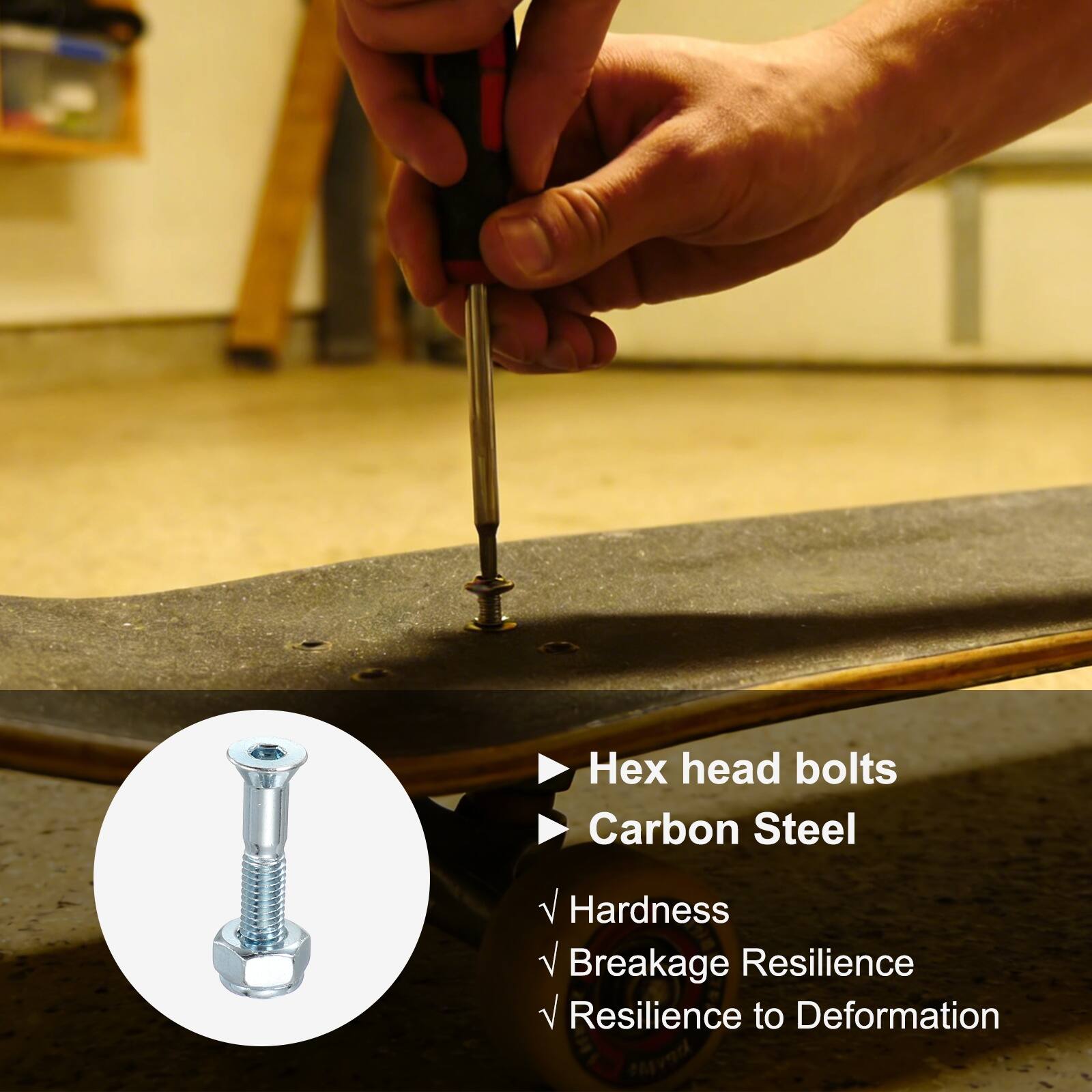 Hex head bolts  
Carbon Steel  
Hardness  
Breakage Resilience  
Resilience to Deformation
