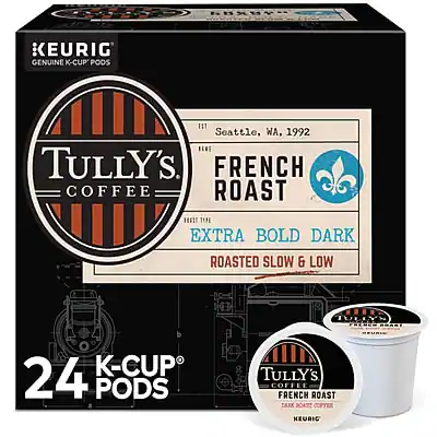 KEURIG GENUINE K-CUP PODS EST Seattle, WA, 1992 TULLY'S. FRENCH COFFEE ROAST EXTRA BOLD DARK ROASTED SLOW & LOW JULY FHEMER ROAST K-CUP 24 PODS TULLY'S COFFEE FRENCH ROAST