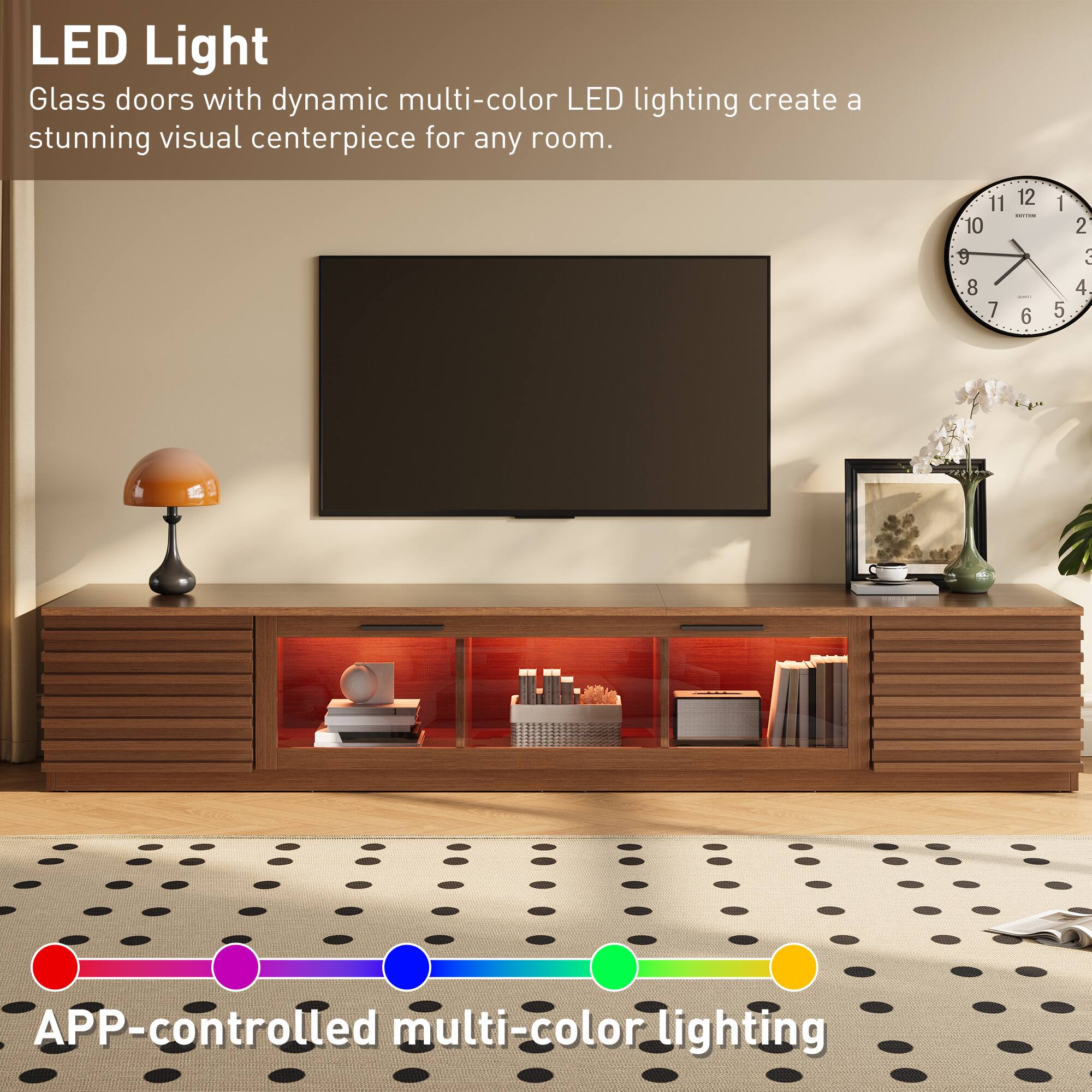 LED Light  
Glass doors with dynamic multi-color LED lighting create a stunning visual centerpiece for any room.  

11 12 1 2 3 4 5 6 7 8 9 10  

APP-controlled multi-color lighting