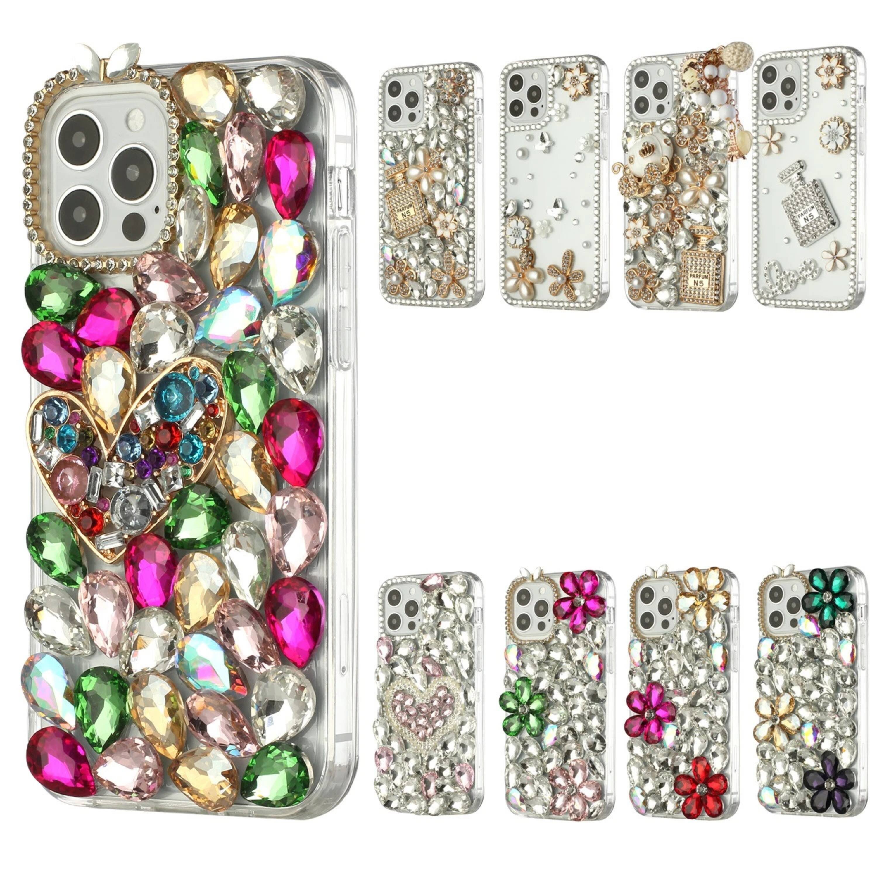 Angle. Kitcheniva - Full Diamond Bling 3D Jewel Case With Tempered Glass For iPhone 17 Gold Pearl - Gold Pearl.