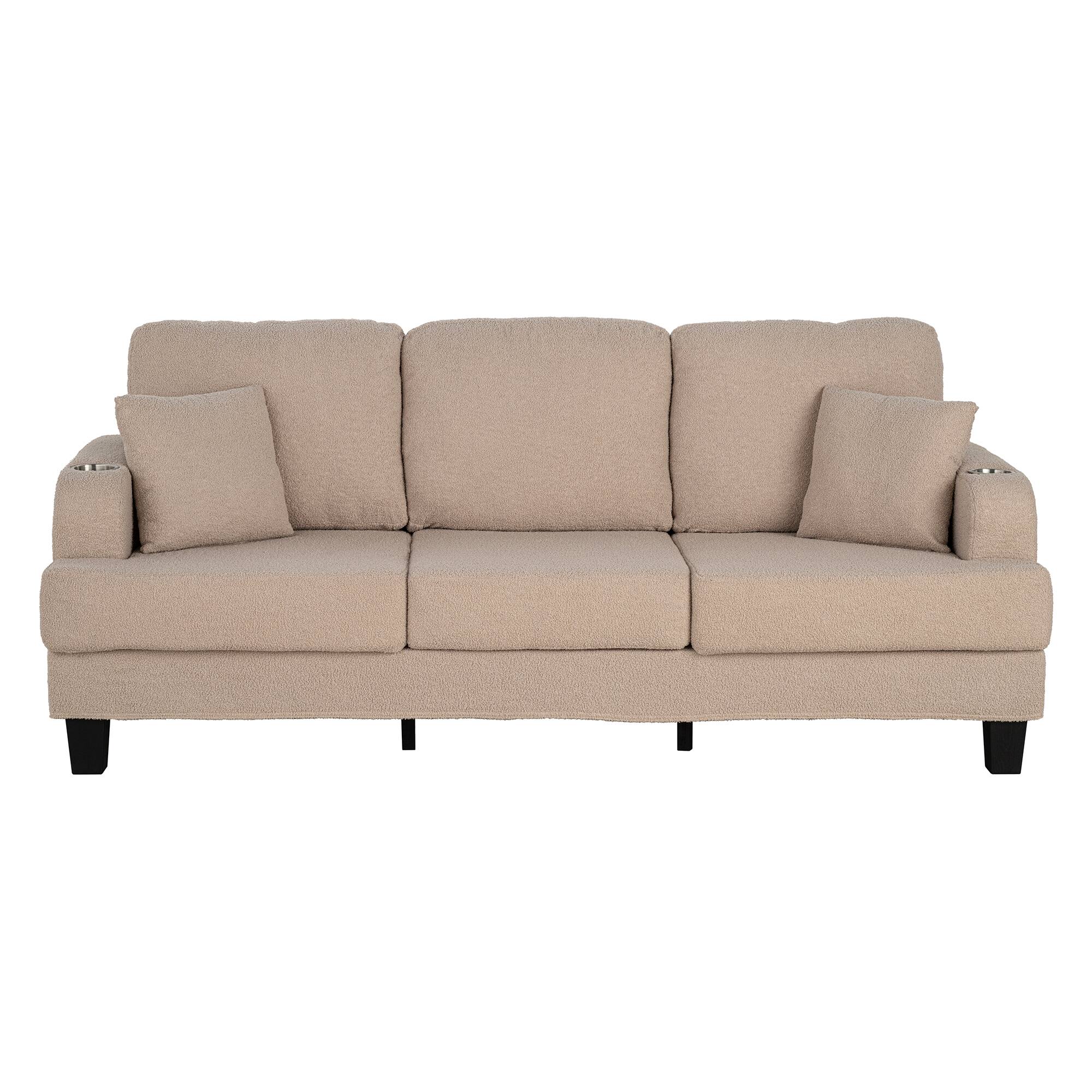 Front. Vaczon - 3-Seater Reclining Sofa with USB Port and Dual Cup Holders, Comfortable Fabric Couch for Living Room and Home Theater - Beige.