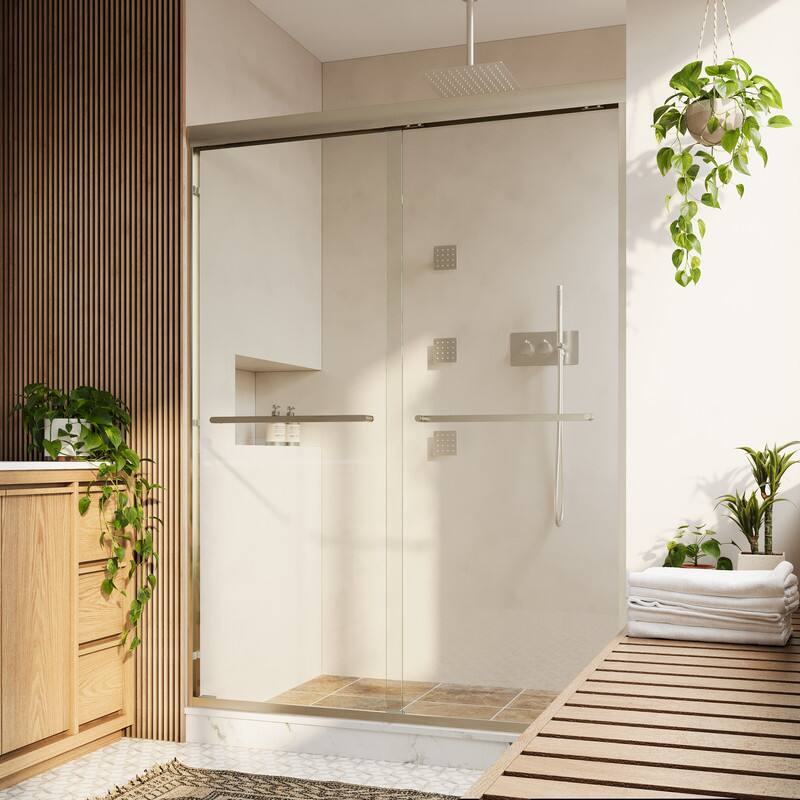 Angle. WELLFOR - 50-54 in W x 72 in H Framed Shower Door with Double Sliding & Stainless Steel Towel Bar Handle, 1/4" Tempered Glass - Brushed Nickel.