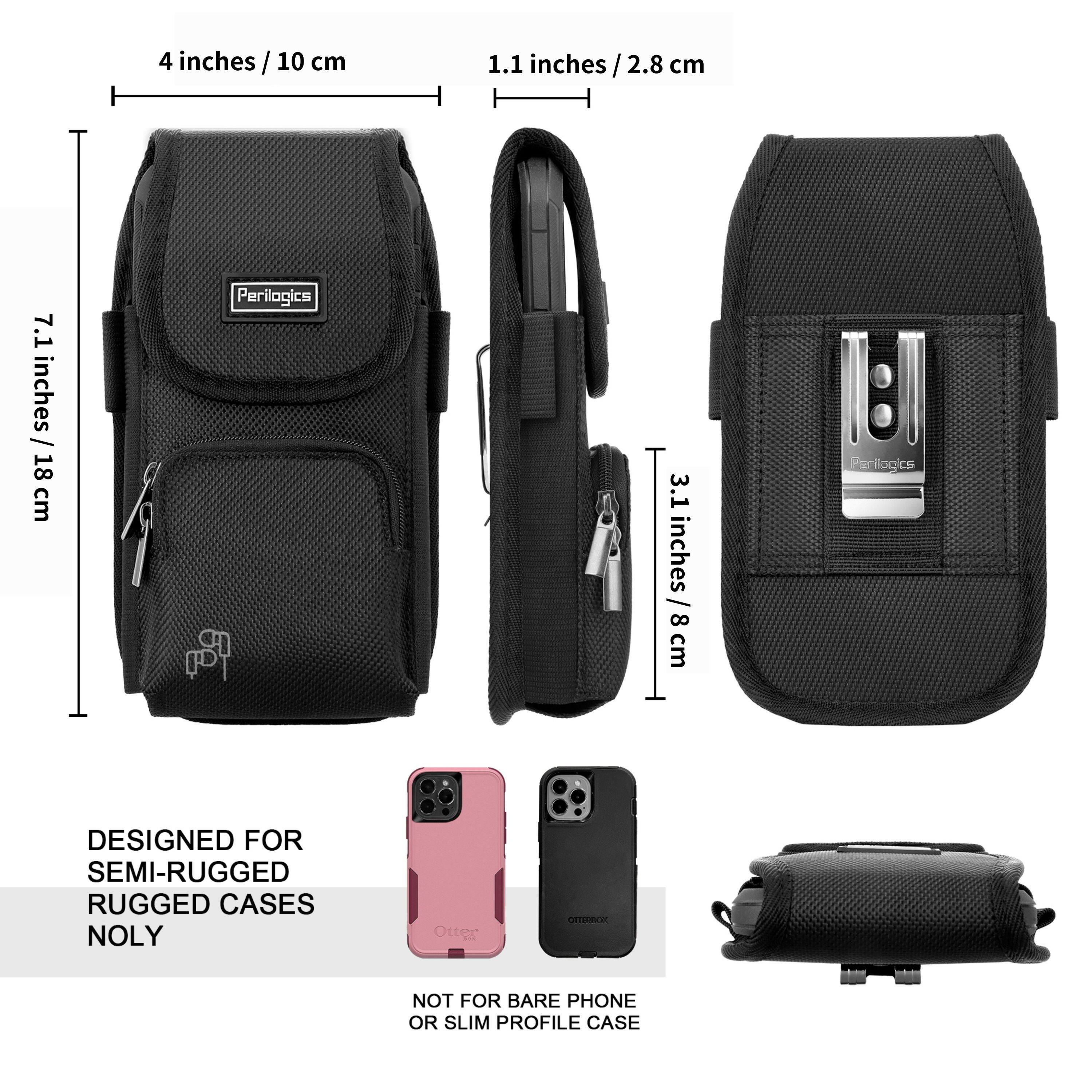4 inches / 10 cm  
1.1 inches / 2.8 cm  
7.1 inches / 18 cm  
3.1 inches / 8 cm  

Perilogics  

DESIGNED FOR SEMI-RUGGED RUGGED CASES ONLY  
NOT FOR BARE PHONE OR SLIM PROFILE CASE