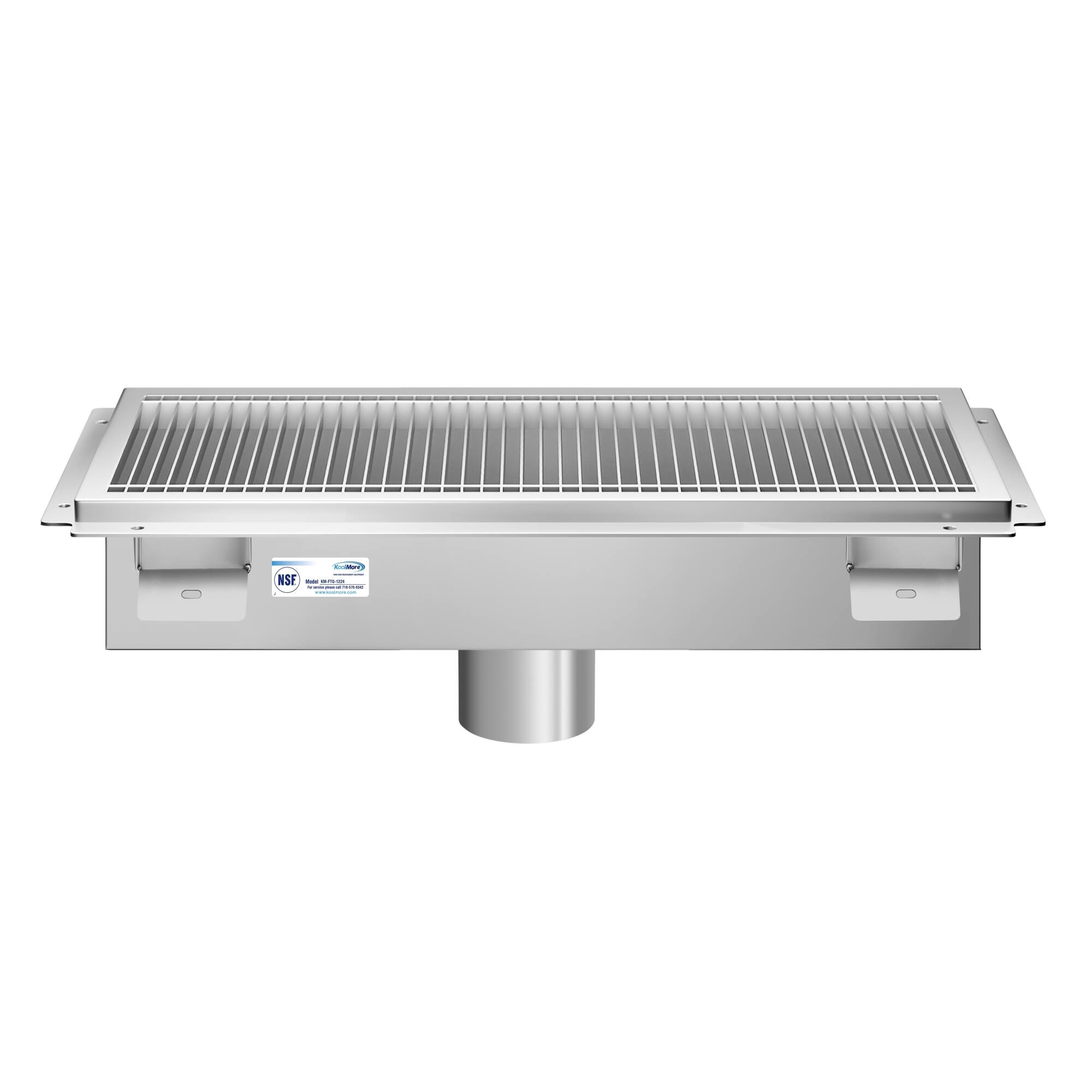 Back. Koolmore - 12" x 24" Stainless Steel Floor Trough Drain, 14-Gauge with Subway-Style Grating & Removable Drain Basket, NSF Listed - Stainless-Steel.