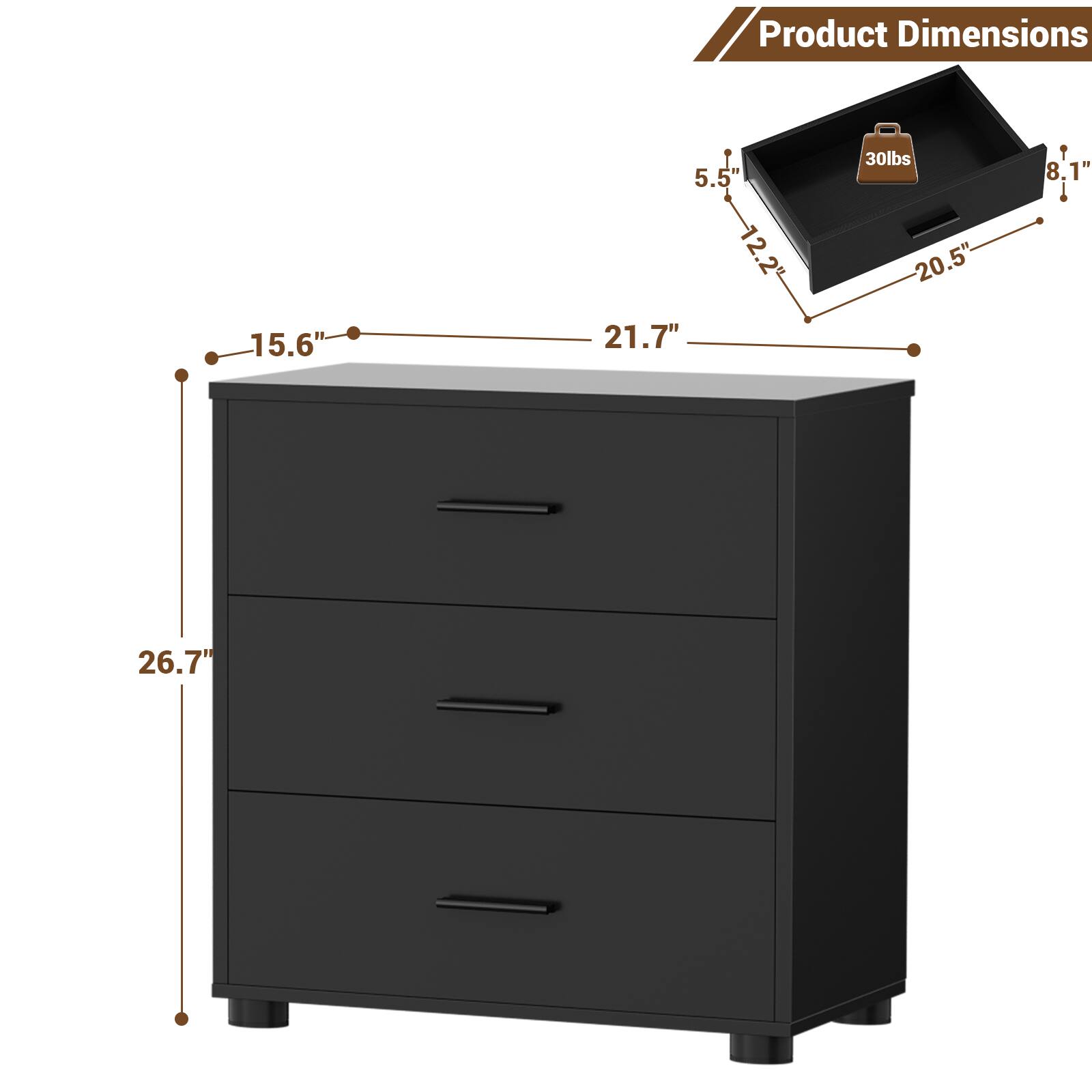 Product Dimensions: 5.5" x 12.2" x 20.5" (top drawer), 8.1" x 15.6" x 21.7" (middle drawer), 26.7" (height)