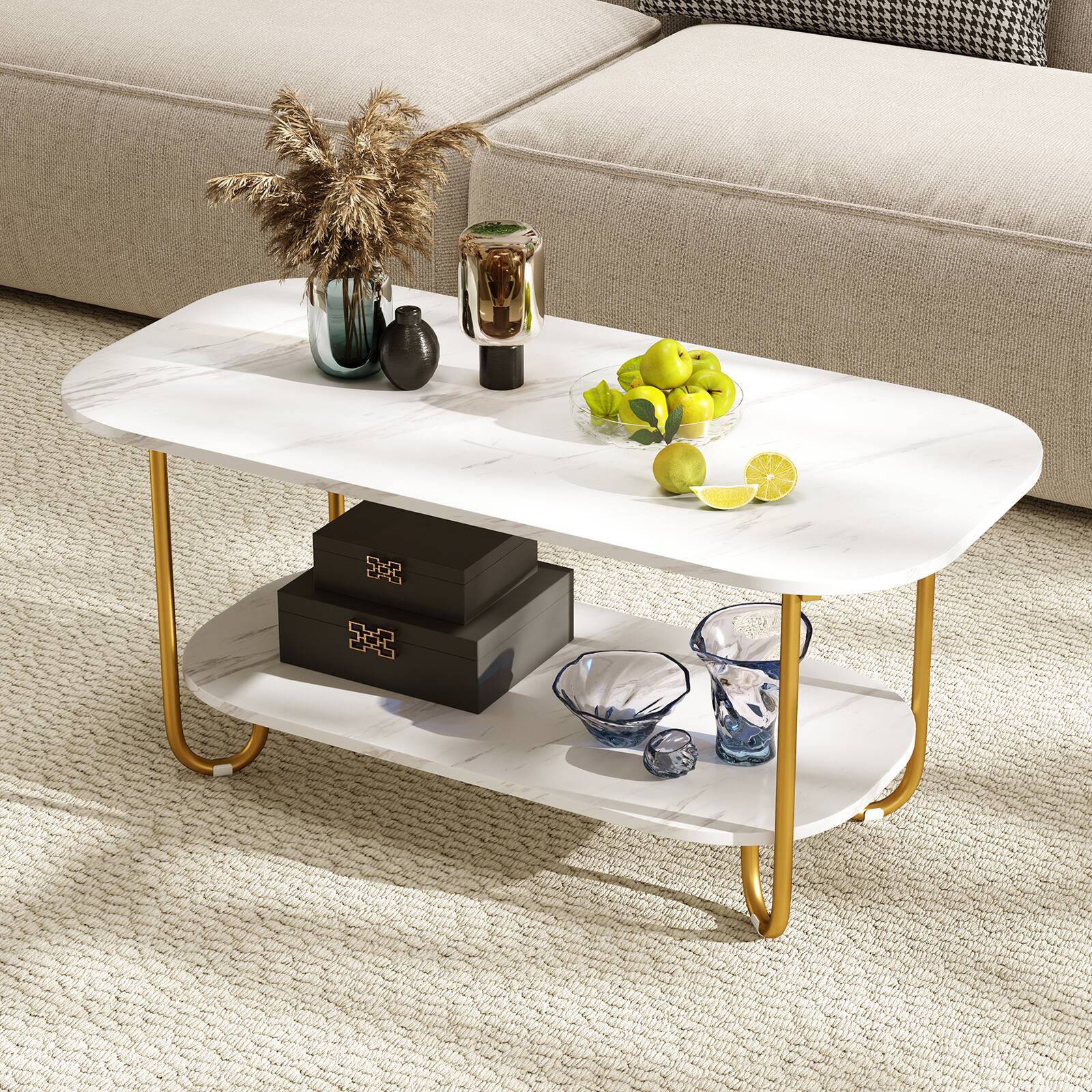 Alt View 1. Gymax - Gymax Faux Marble Top Coffee Table w/Metal Frame Rounded Corners & Storage Shelf - White.