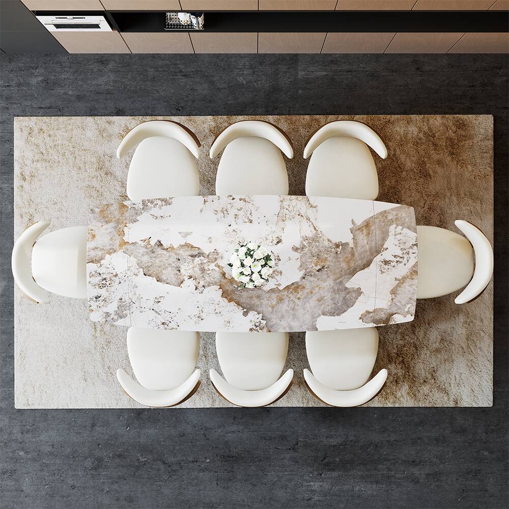 Alt View 9. POVISON - 71"-95"Extendable Modern Gold Dining Table for 6-10, Rectangular Glossy Sintered Stone Tabletop, Bronze Carbon Steel Leg - Pandora Sintered Stone with Bronze.