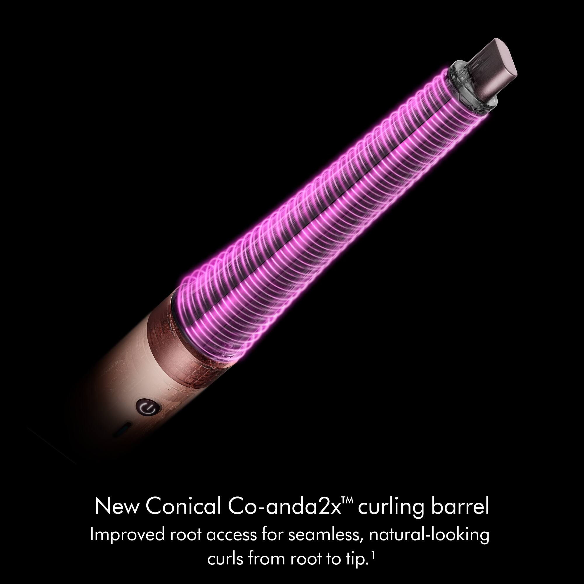 New Conical Co-anda2x™ curling barrel  
Improved root access for seamless, natural-looking curls from root to tip.