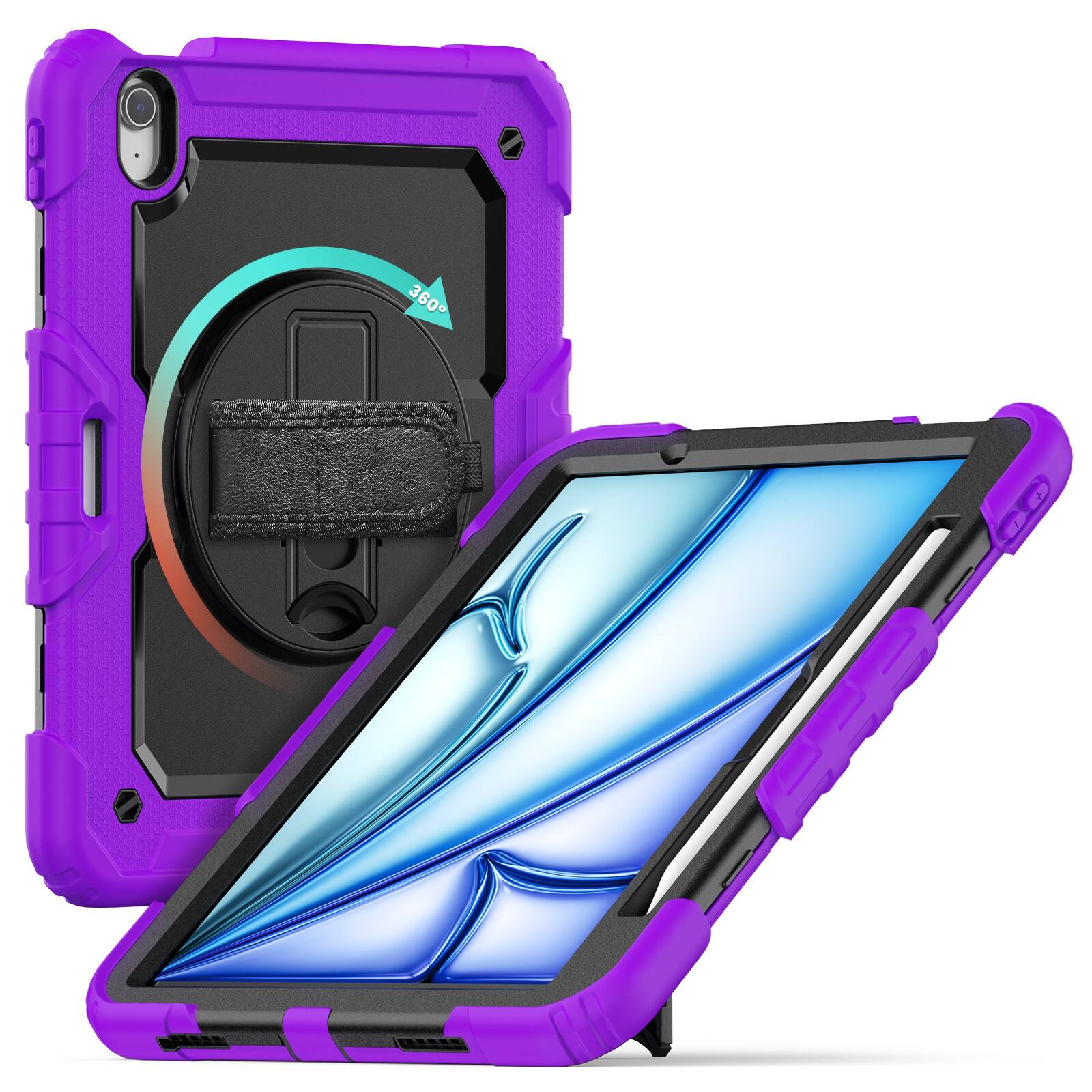 Left. UUCOVER - Full Body Case for iPad Air 11-inch M4/M3/M2 Shockproof Built-in Screen Protector Stand with Hand/Shoulder Strap Cover - Black+Purple.