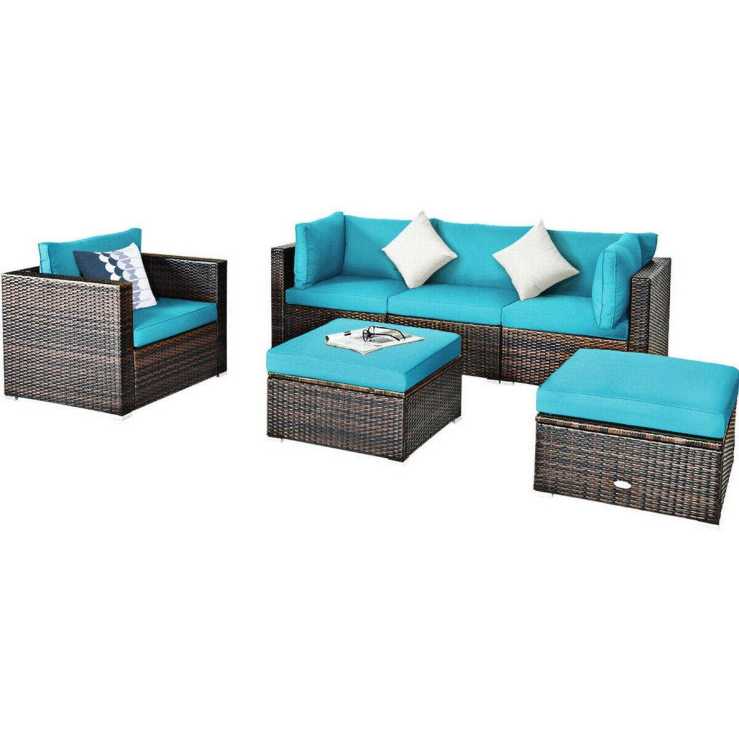Alt View 1. Pefilos - 6 Pcs Patio Rattan Furniture Set with Sectional Cushion-Turquoise, Wicker Furniture Conversation Sets, Coffee Table - Blue.