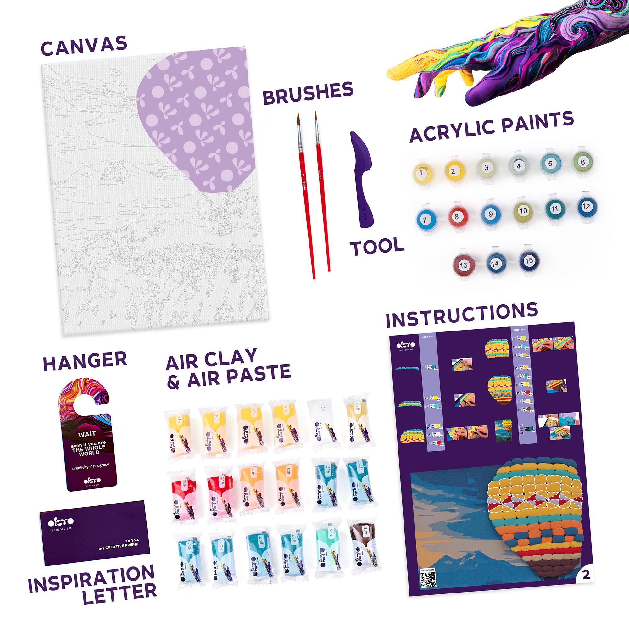 CANVAS  
BRUSHES  
ACRYLIC PAINTS  
TOOL  
HANGER  
AIR CLAY & AIR PASTE  
INSTRUCTIONS  
INSPIRATION LETTER