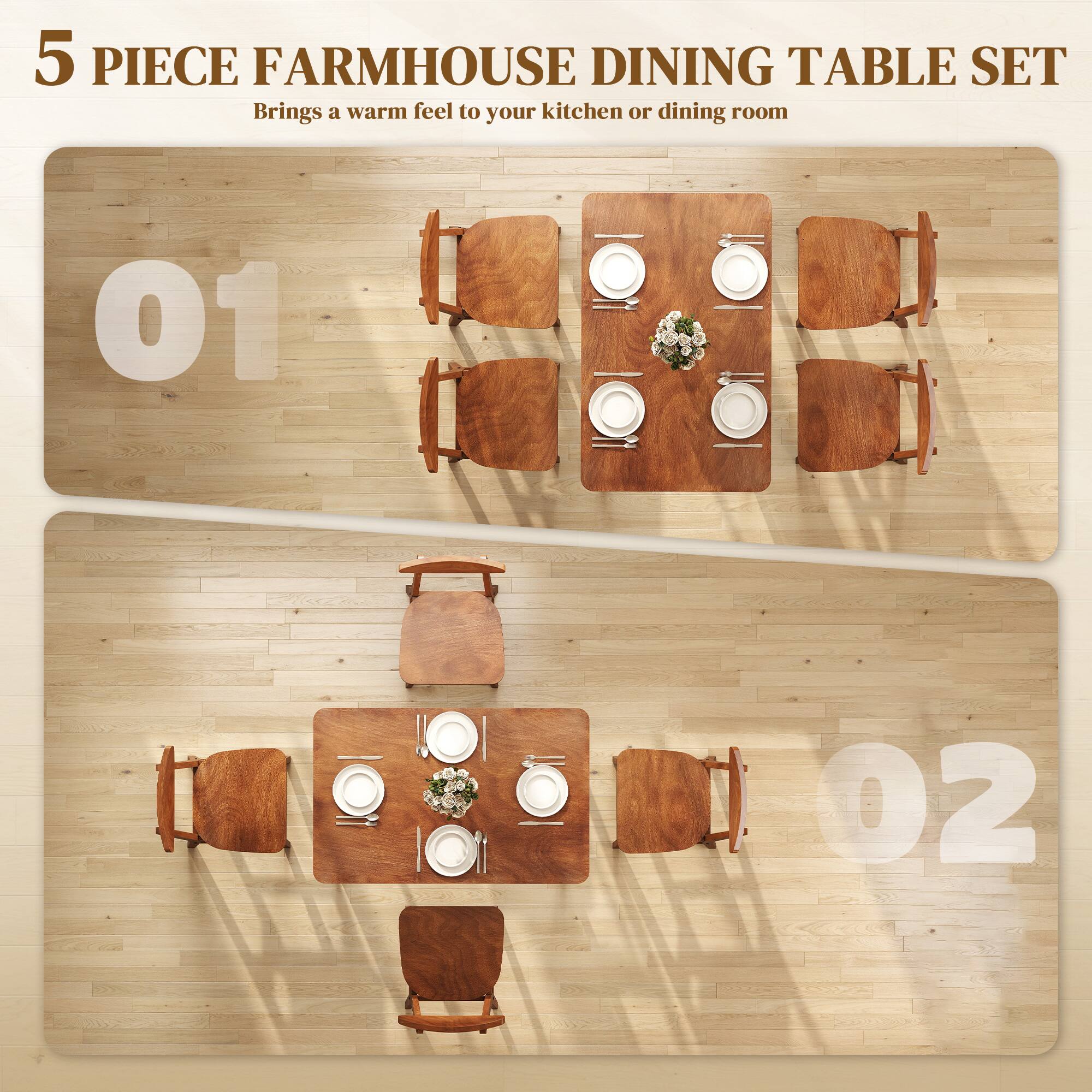 5 PIECE FARMHOUSE DINING TABLE SET  
Brings a warm feel to your kitchen or dining room  

01  
02