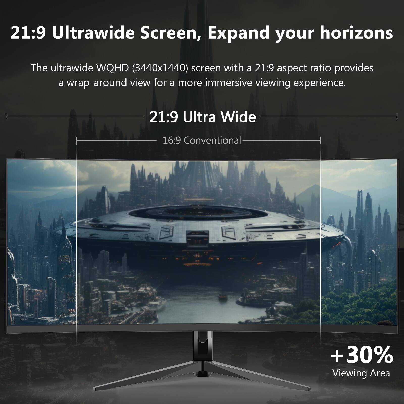 21:9 Ultrawide Screen, Expand your horizons

The ultrawide WQHD (3440x1440) screen with a 21:9 aspect ratio provides a wrap-around view for a more immersive viewing experience.

21:9 Ultra Wide
16:9 Conventional

+ 30% Viewing Area