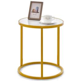 Gymax - Marble Top Round Side Table 19.5''x19.5'' End Table w/ Golden Metal Frame Gold - White + Gold