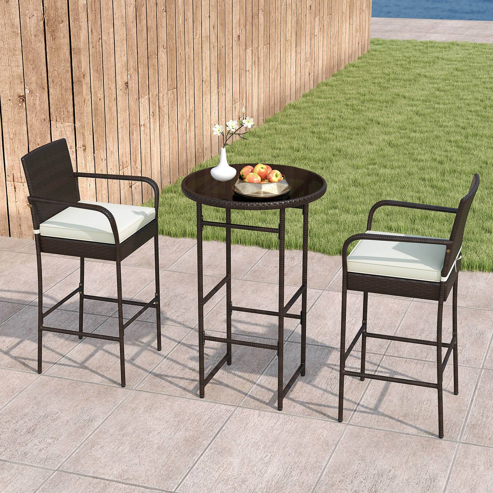 Alt View 2. Costway - Costway 3 Piece Outdoor Bar Set Heavy-Duty Metal Barstool & Table Set with  Glass Tabletop - Mix Brown,Off White.