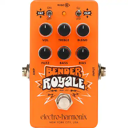 FAT ON/OFF
9VDC
H + Ge e LED
CLIP
VOL
TREBLE
BLEND
FUZZ
BASS
BIAS
AMP
BENDER ROYALE MK.III
electro-harmonix
NEW YORK CITY, USA
