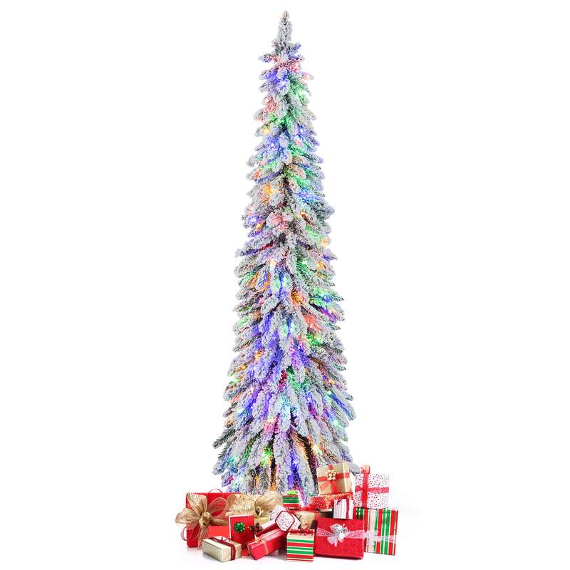Angle. WELLFOR - 6 ft Pre‑lit Snow‑Flocked Slim Pencil Christmas Tree with 407 Branch Tips,250 LED Lights‑Holiday Indoor Decoration - White & Green.