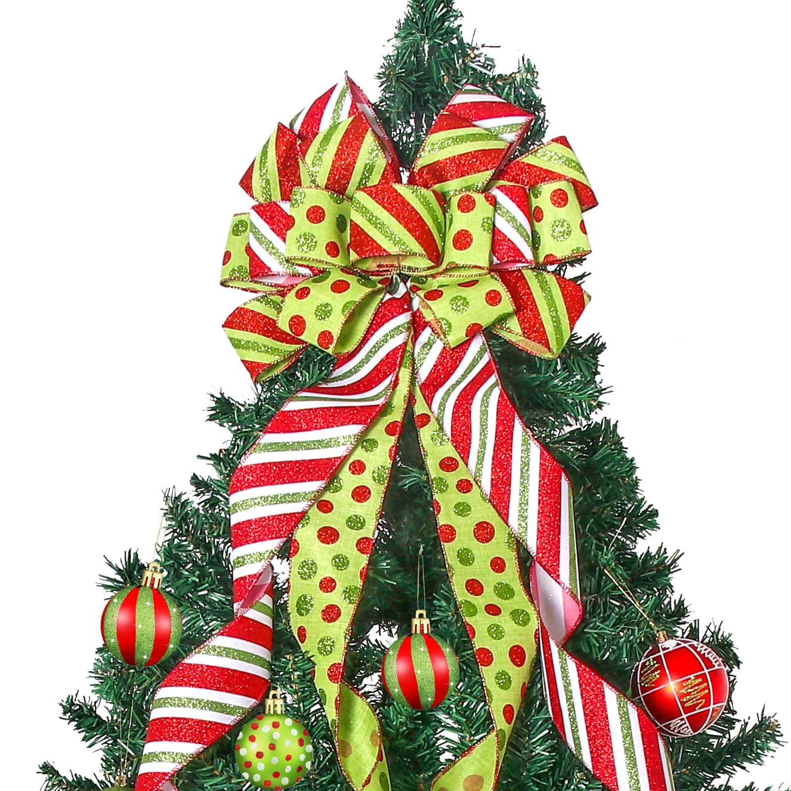 PARKER SLATER - Christmas Tree Topper Wreath Bow Large Green Red Dot Polyester Gift Bows For Xmas Ornament Holiday Home - Lightgreen Dots & Strip