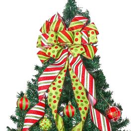 PARKER SLATER - Christmas Tree Topper Wreath Bow Large Green Red Dot Polyester Gift Bows For Xmas Ornament Holiday Home - Lightgreen Dots & Strip